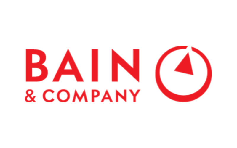 Red logo with the words 'Bain & Company' and a pie chart icon.