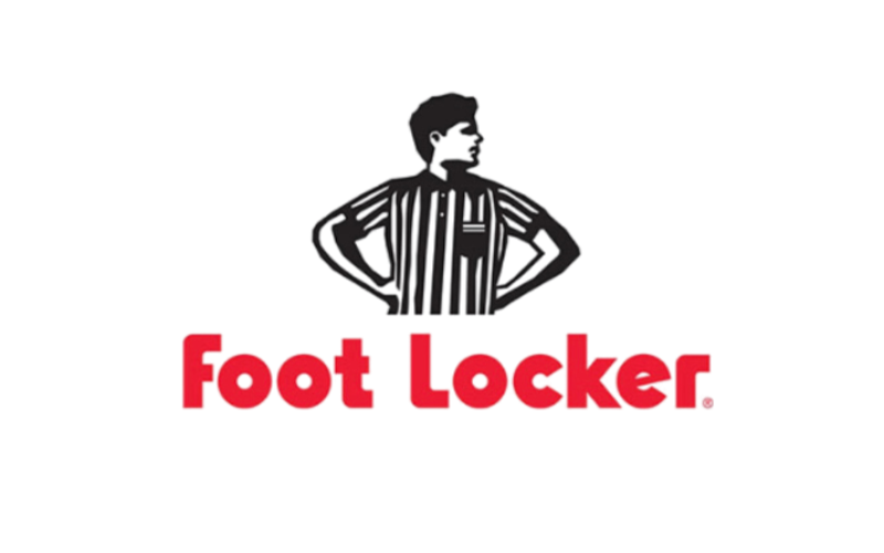 Foot Locker logo with a cartoon image of a person in a black jacket standing with hands on hips