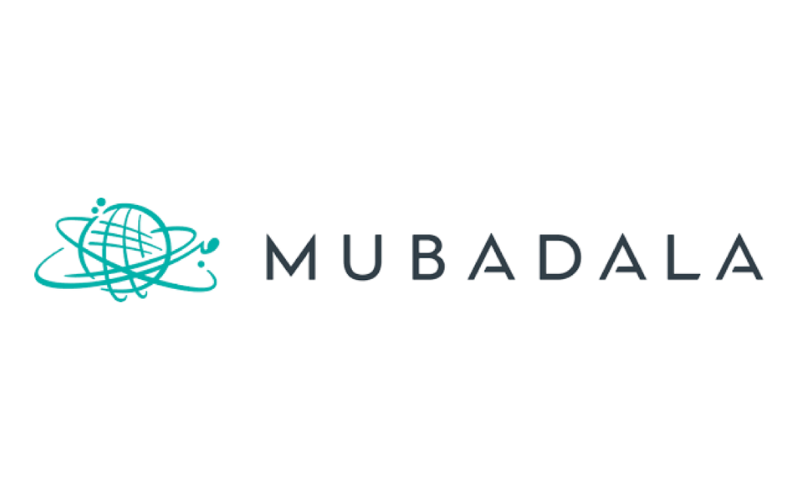 Logo with the Earth and star graphics and the text 'MUBADALA' in stylized font.