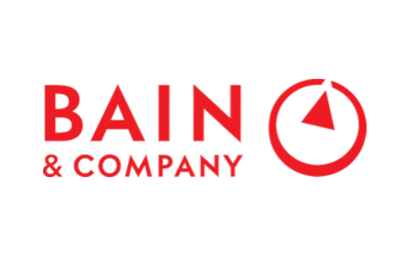 Red company logo with the word "Bain & Company" and a clock icon with a pie chart section