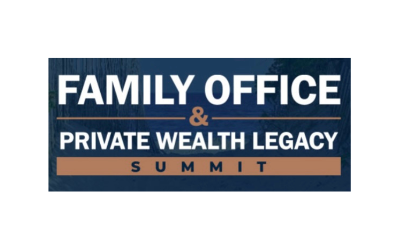Logo for the Family Office & Private Wealth Legacy Summit with navy blue background, white and brown text.