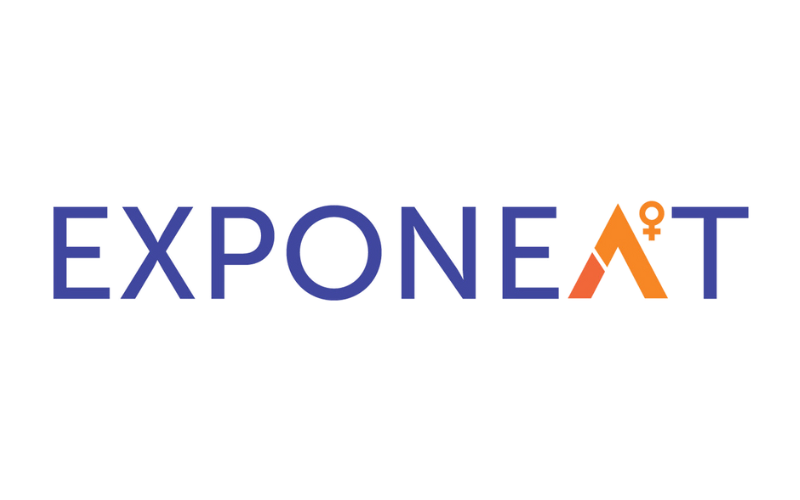 Logo of Exponent, with the word 'EXPONENT' in blue and an orange Triangular symbol with a female gender sign as the letter 'A'.