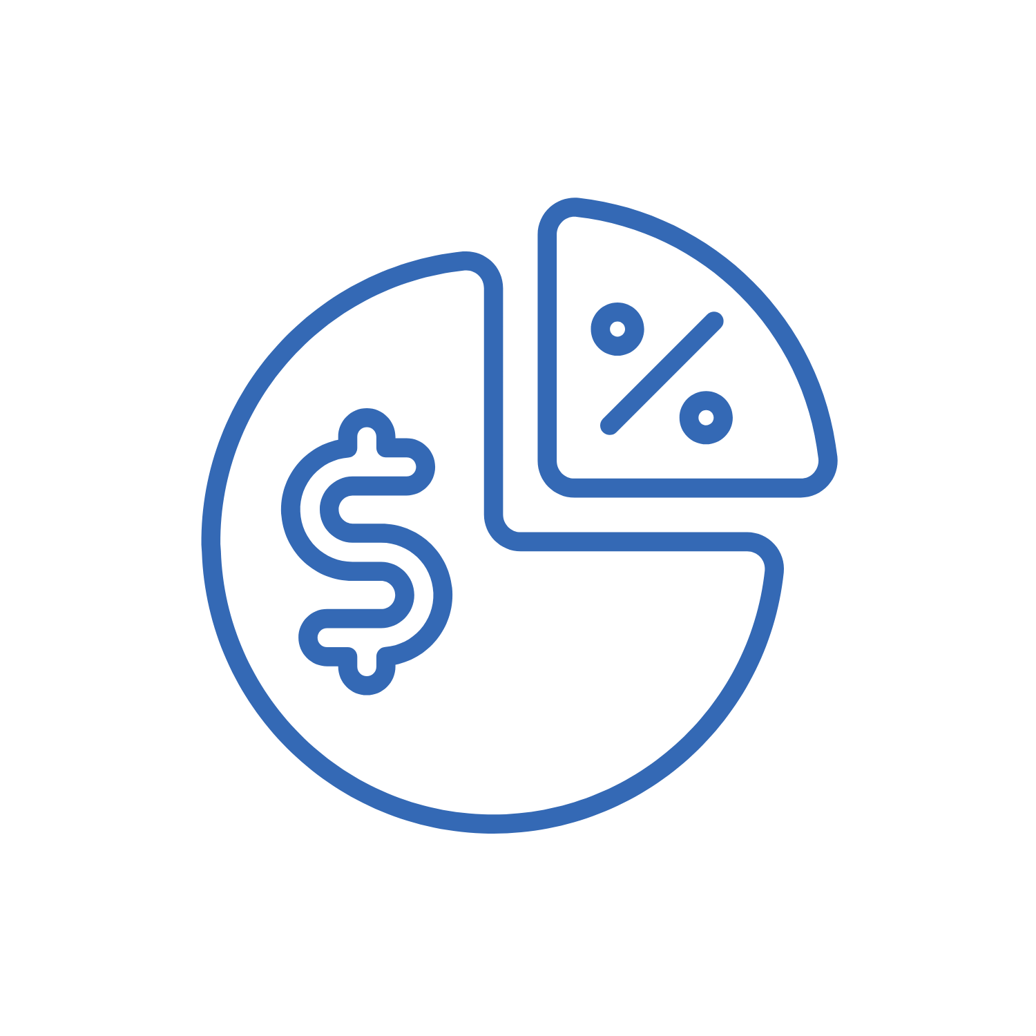 Blue outline of a pie chart with a dollar sign on one slice and a percentage symbol on another slice, representing financial data.