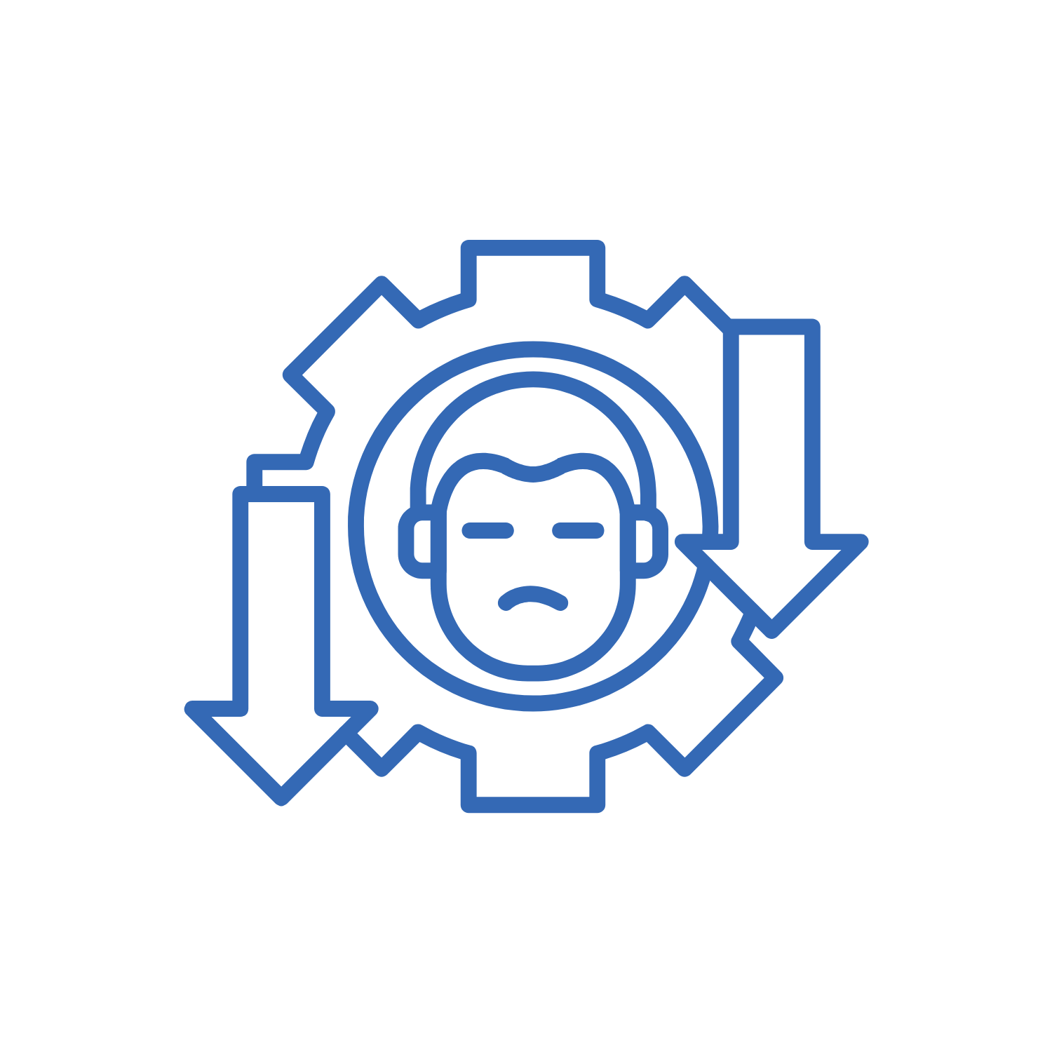 Outline icon of a stressed face with a gear around it and arrows pointing down and around, symbolizing stress or burnout.
