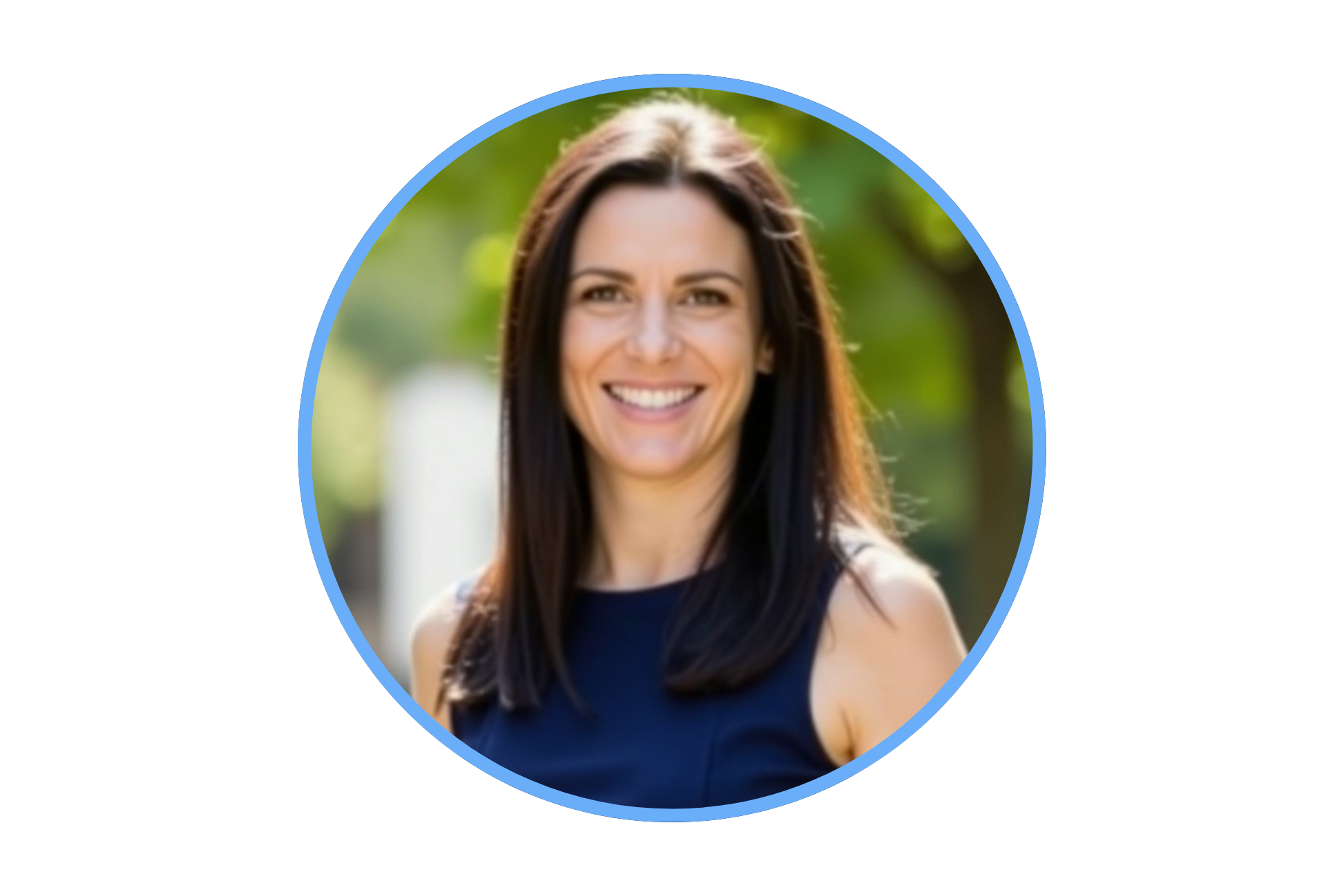 Smiling woman with long dark hair wearing a sleeveless navy blue top outside, with green trees in the background.