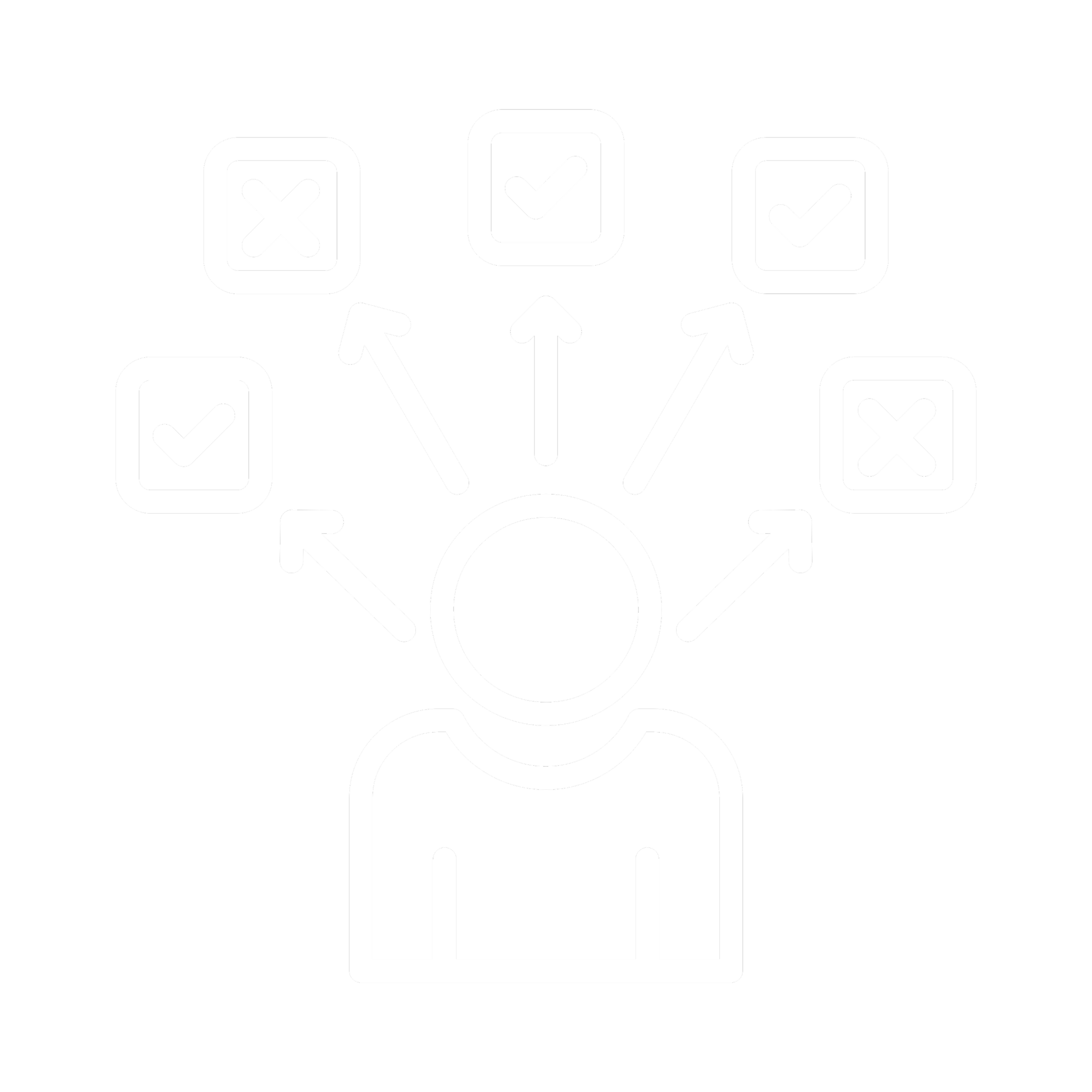 Outline of a person with arrows pointing to decision icons, some with check marks and some with crosses.