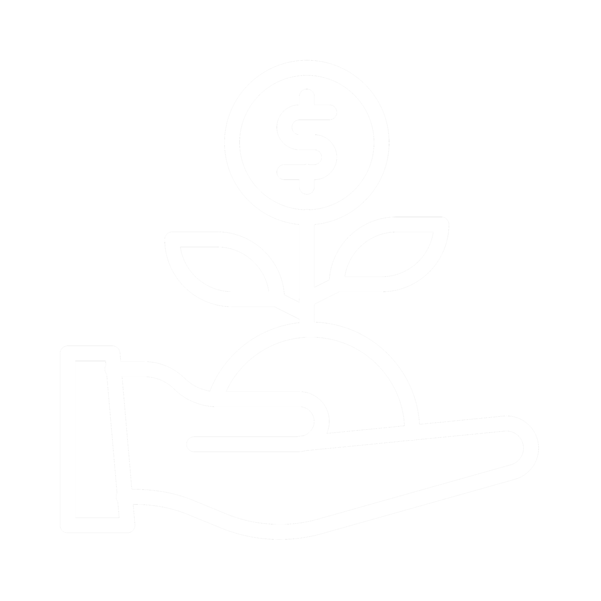 Line drawing of a hand holding a small plant with leaves, with a coin featuring a dollar sign above it, symbolizing investment or financial growth.