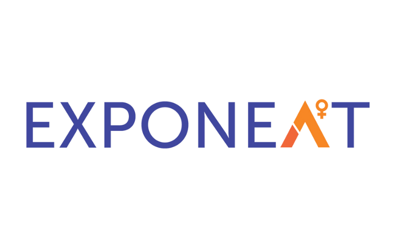 Logo for Exponent with blue text and an orange and red stylized letter A