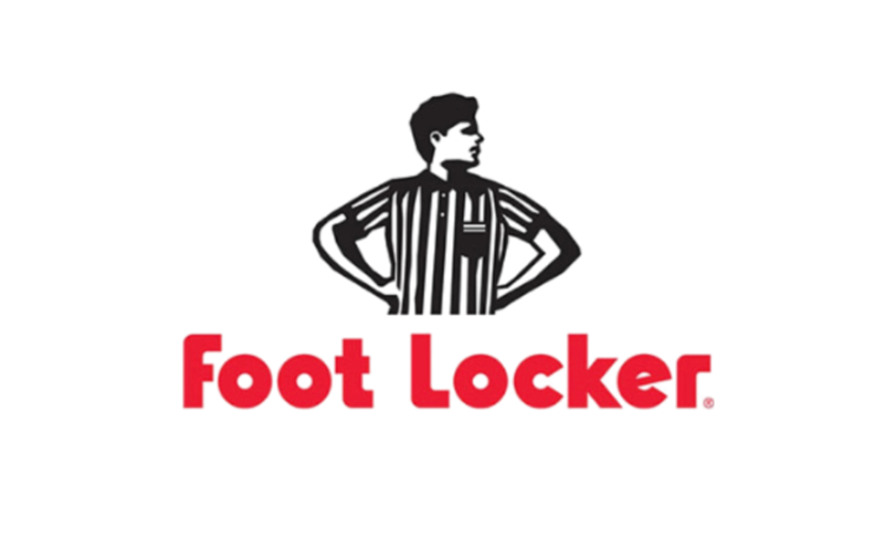 Foot Locker logo with a cartoon illustration of a person in a tracksuit standing behind it.