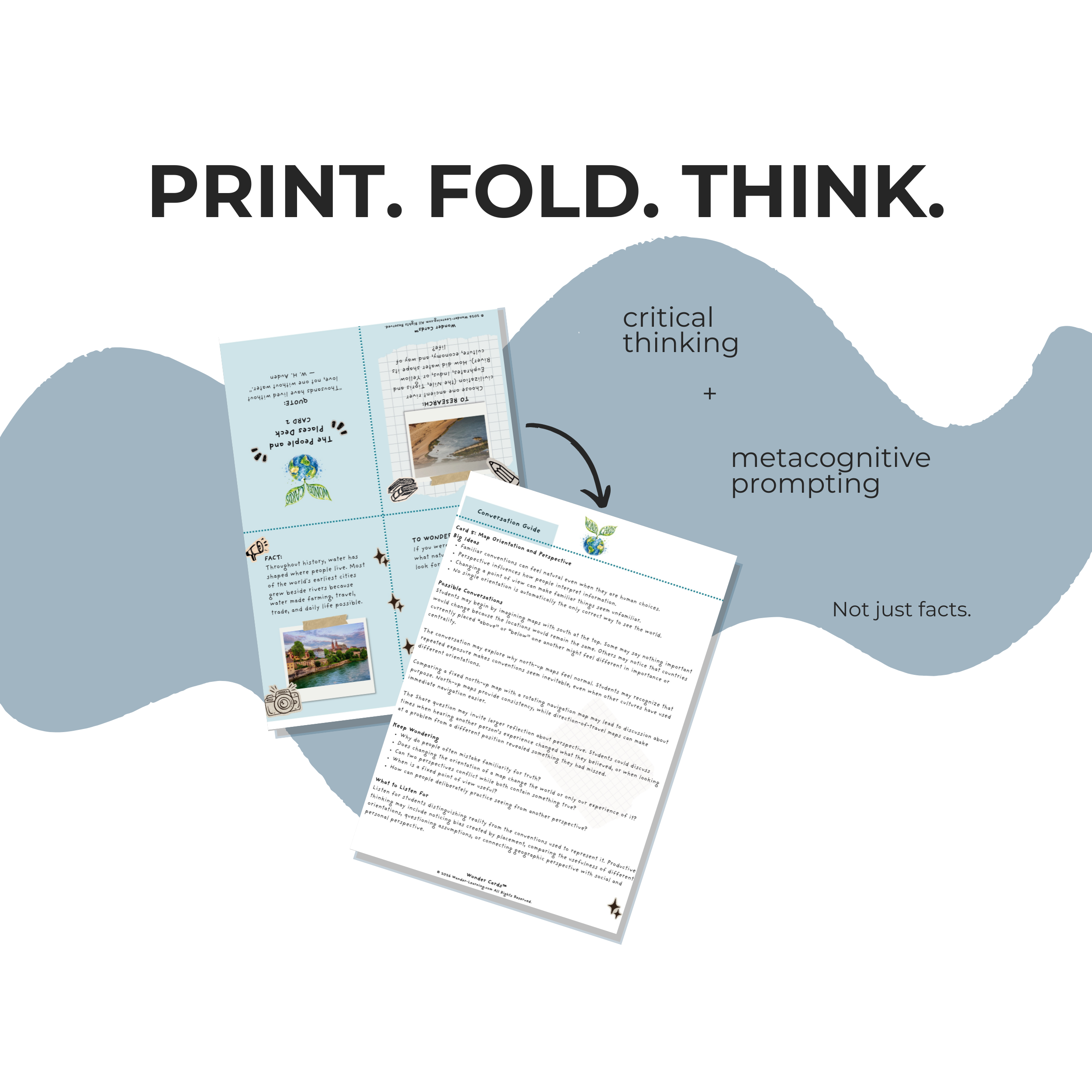 Printable People and Places Wonder Cards featuring maps, borders, migration, language, culture, navigation, identity, and geography-based critical thinking activities for grades 5–10.