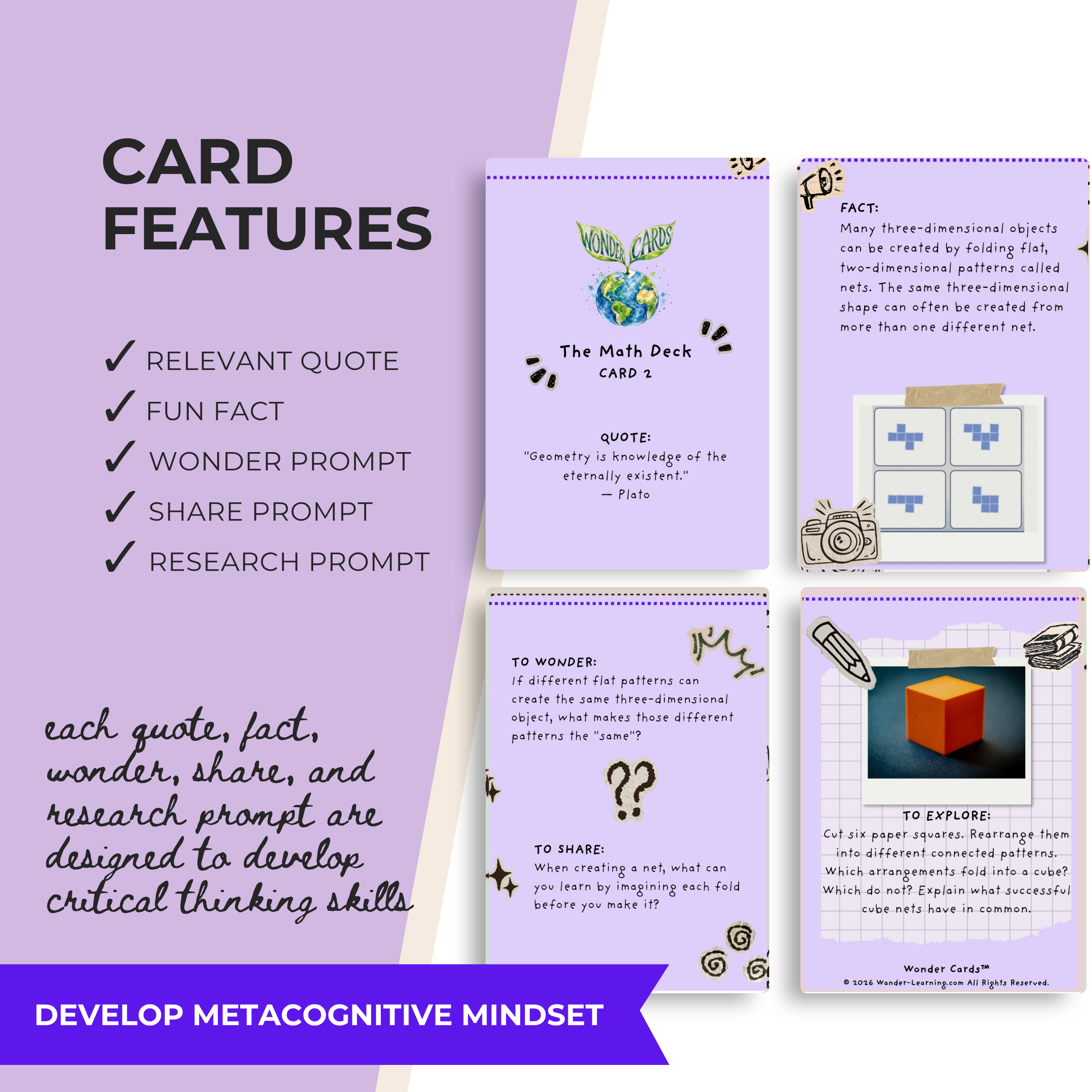 Printable Mathematics Wonder Cards featuring patterns, geometry, probability, logic, algorithms, problem-solving questions, and hands-on activities for grades 5–9.