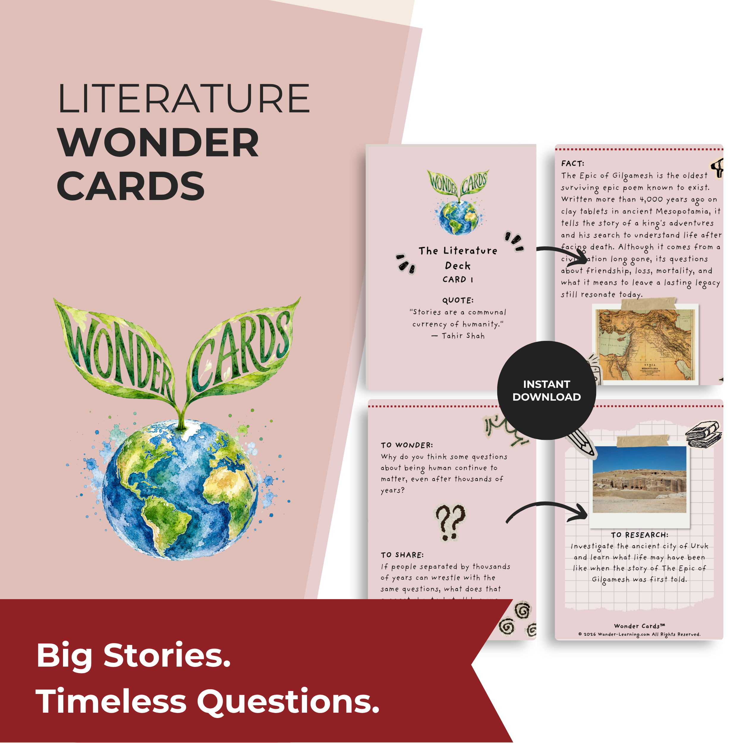 Printable Literature Wonder Cards featuring classic books, poetry, literary analysis questions, discussion prompts, and research activities for grades 6–12.