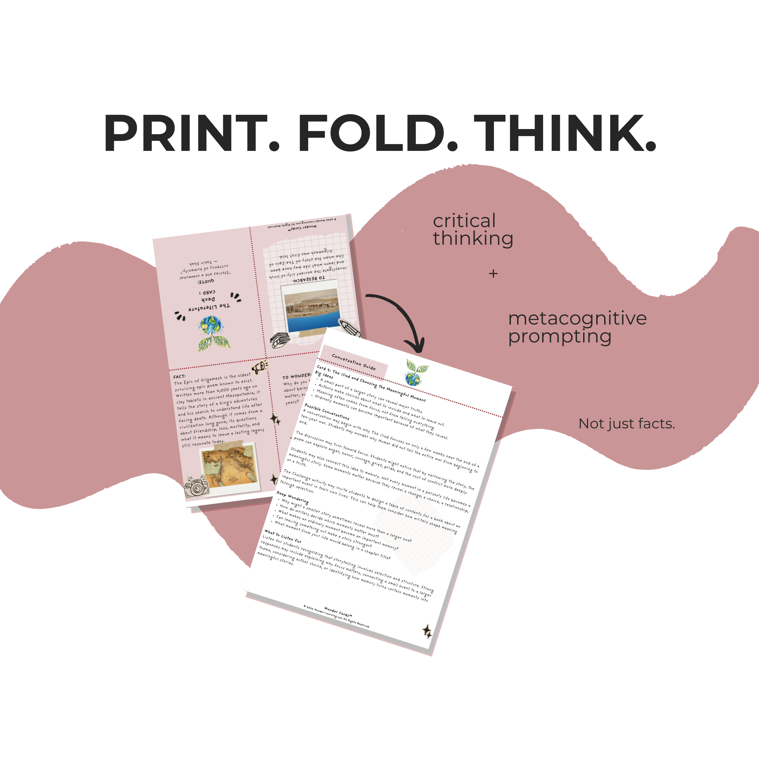 Printable Literature Wonder Cards featuring classic books, poetry, literary analysis questions, discussion prompts, and research activities for grades 6–12.