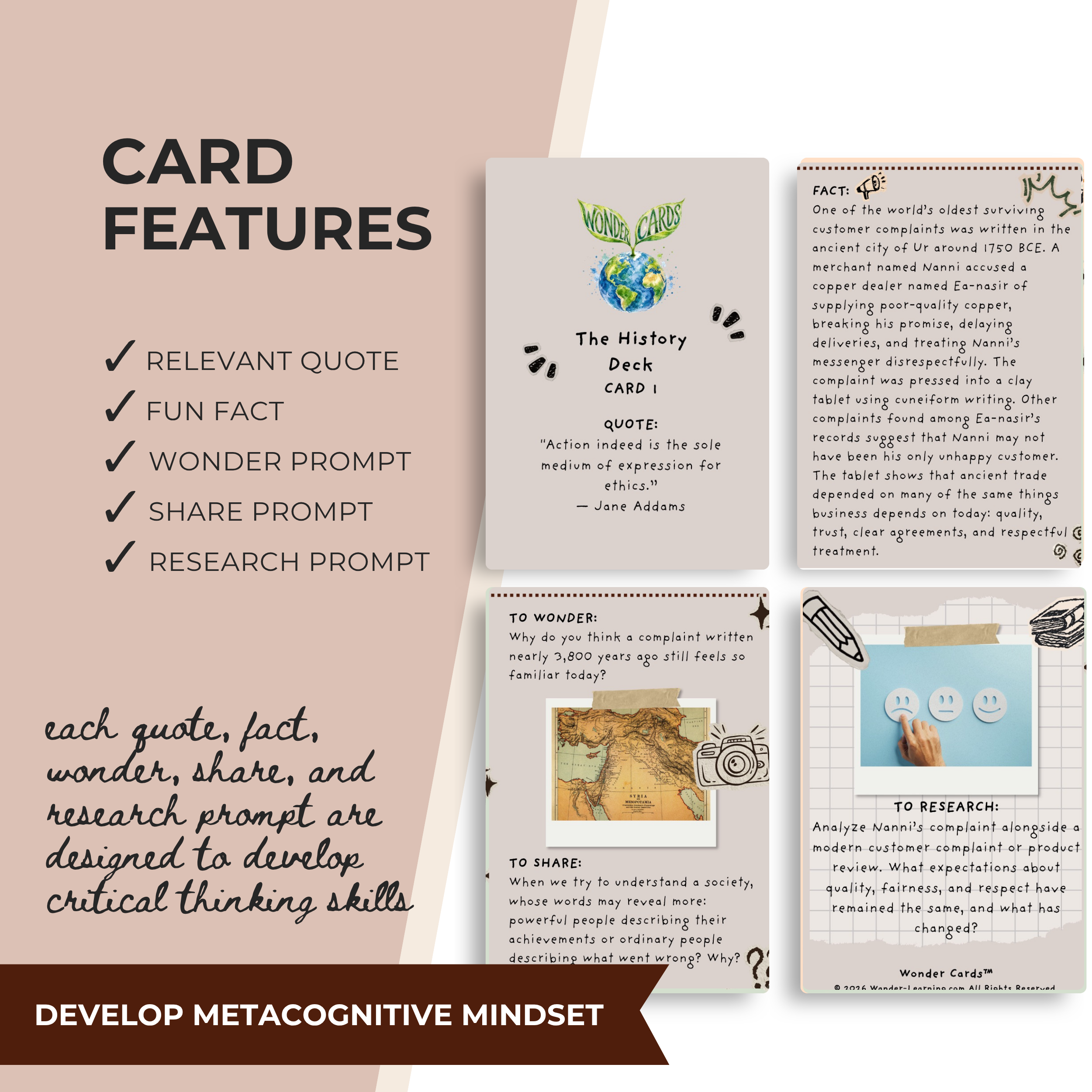 Printable History Wonder Cards featuring historical facts, discussion questions, source analysis, and research activities for grades 6–12.