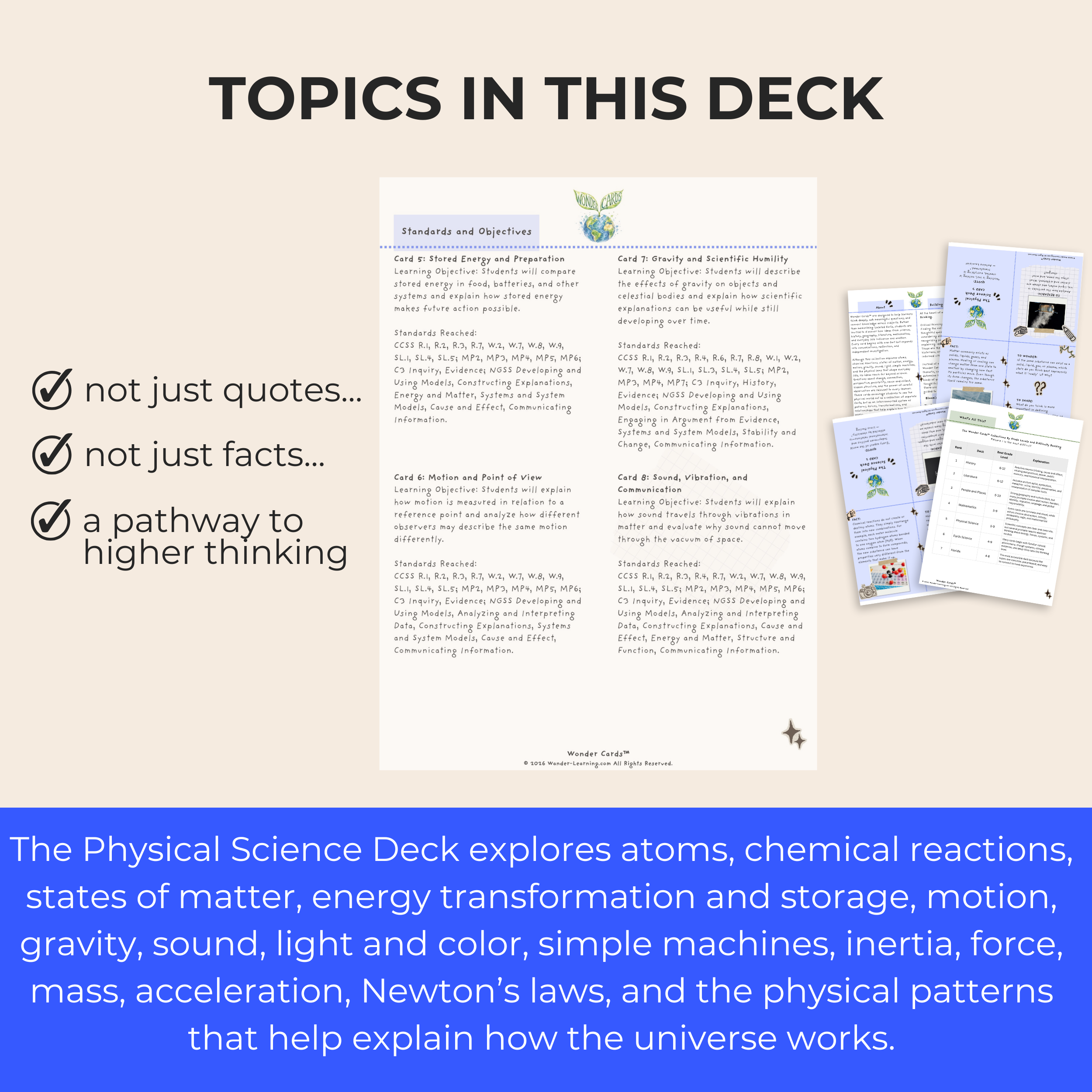 Printable Physical Science Wonder Cards featuring atoms, chemical reactions, matter, energy, motion, gravity, sound, light, simple machines, and Newton’s laws for grades 5–9.