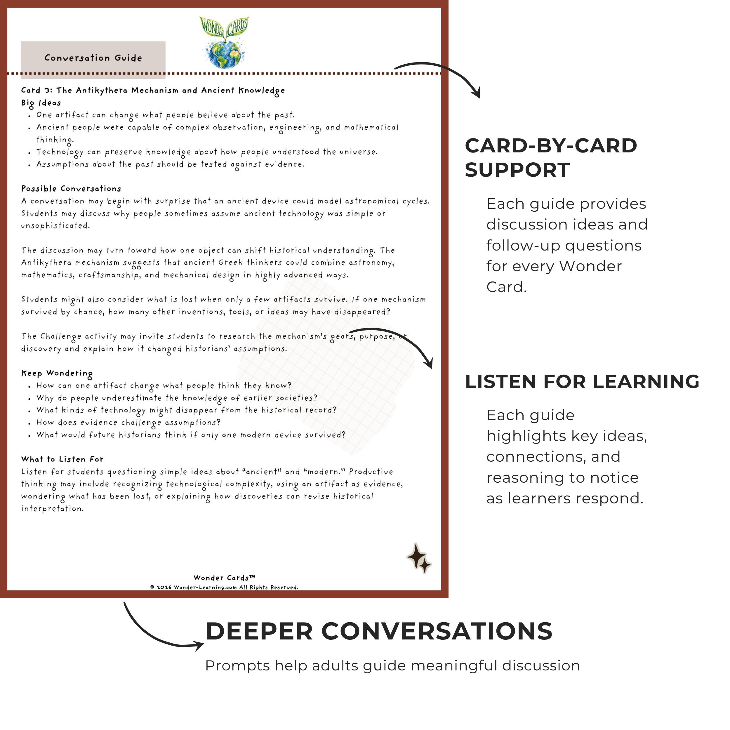 Printable History Wonder Cards featuring historical facts, discussion questions, source analysis, and research activities for grades 6–12.