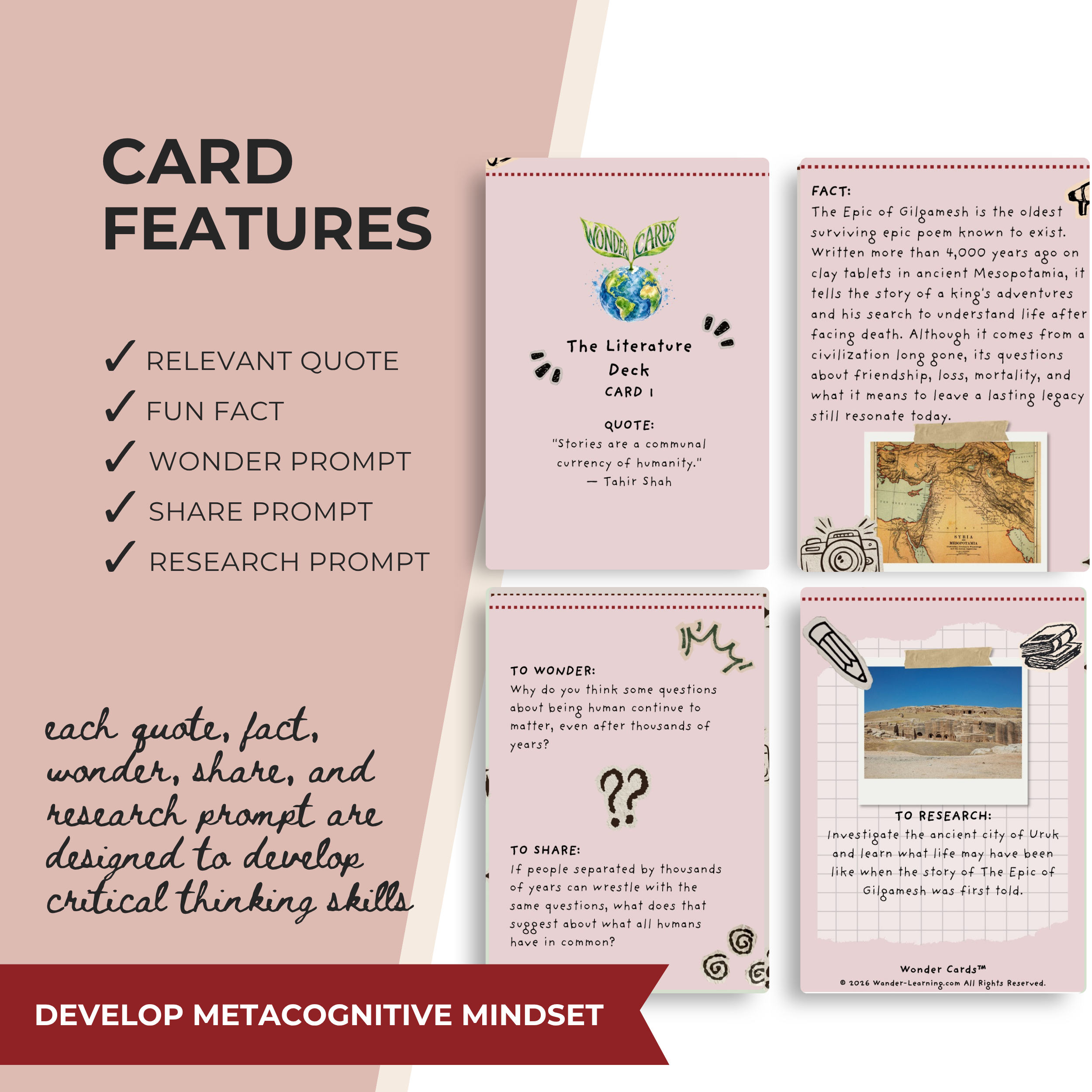 Printable Literature Wonder Cards featuring classic books, poetry, literary analysis questions, discussion prompts, and research activities for grades 6–12.