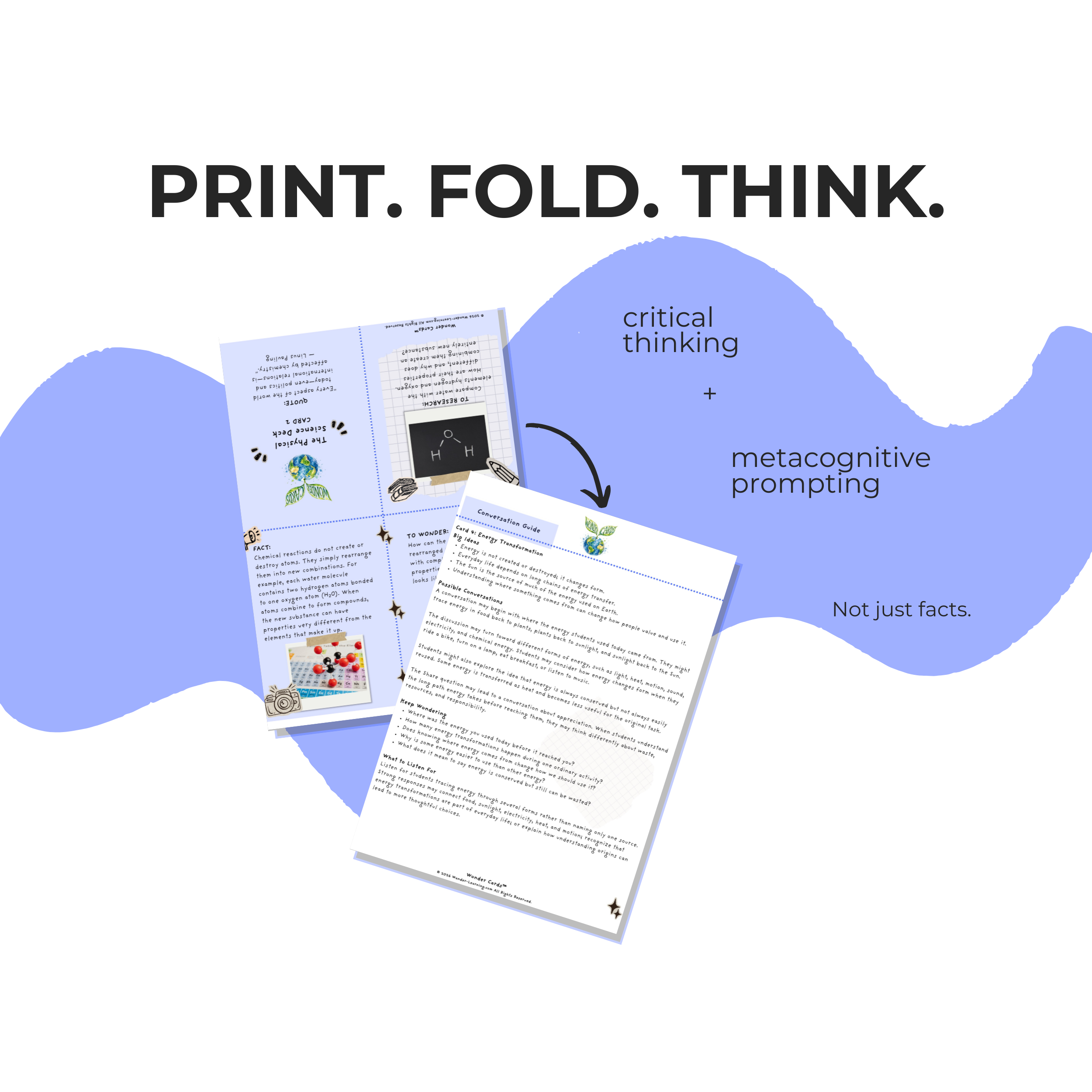 Printable Physical Science Wonder Cards featuring atoms, chemical reactions, matter, energy, motion, gravity, sound, light, simple machines, and Newton’s laws for grades 5–9.
