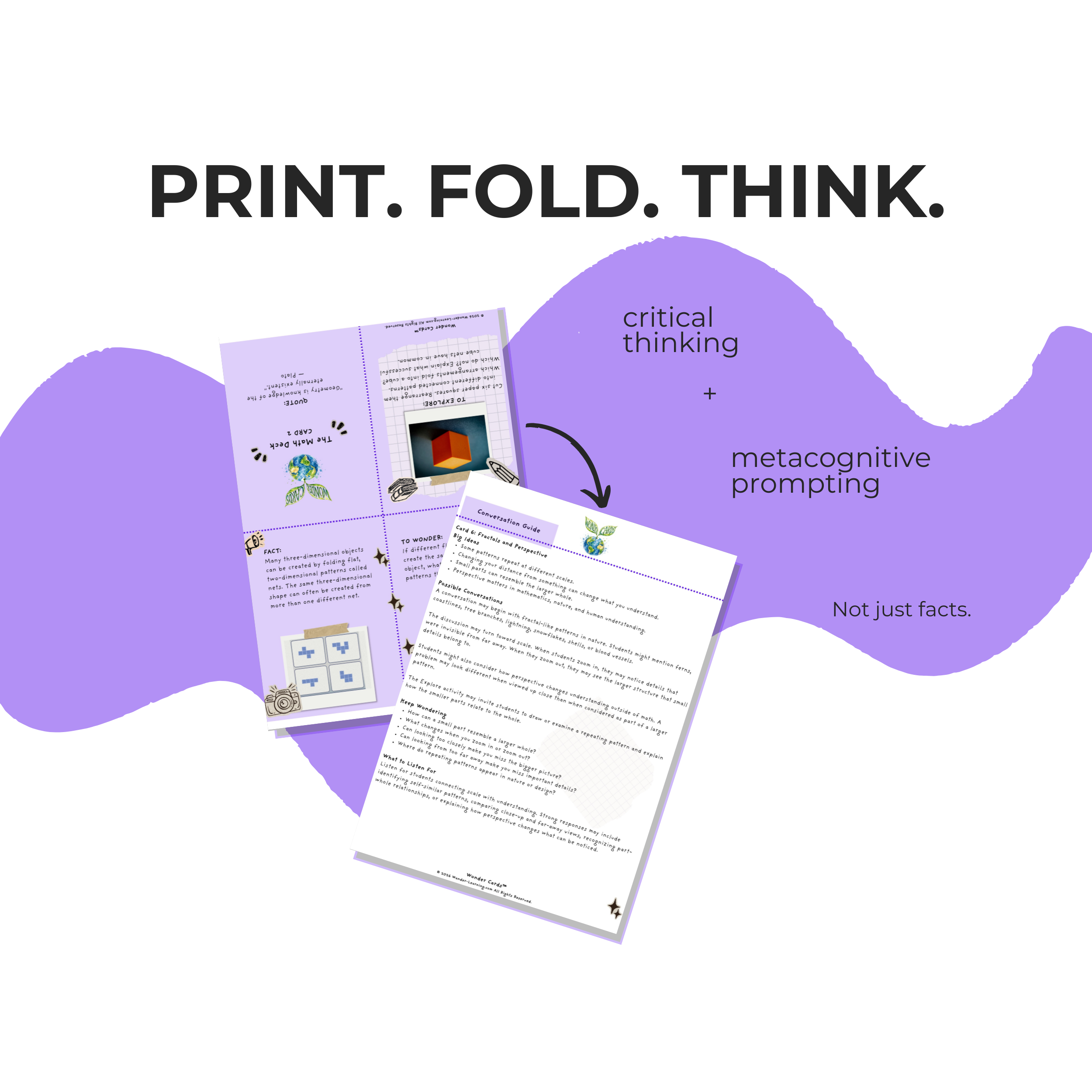 Printable Mathematics Wonder Cards featuring patterns, geometry, probability, logic, algorithms, problem-solving questions, and hands-on activities for grades 5–9.