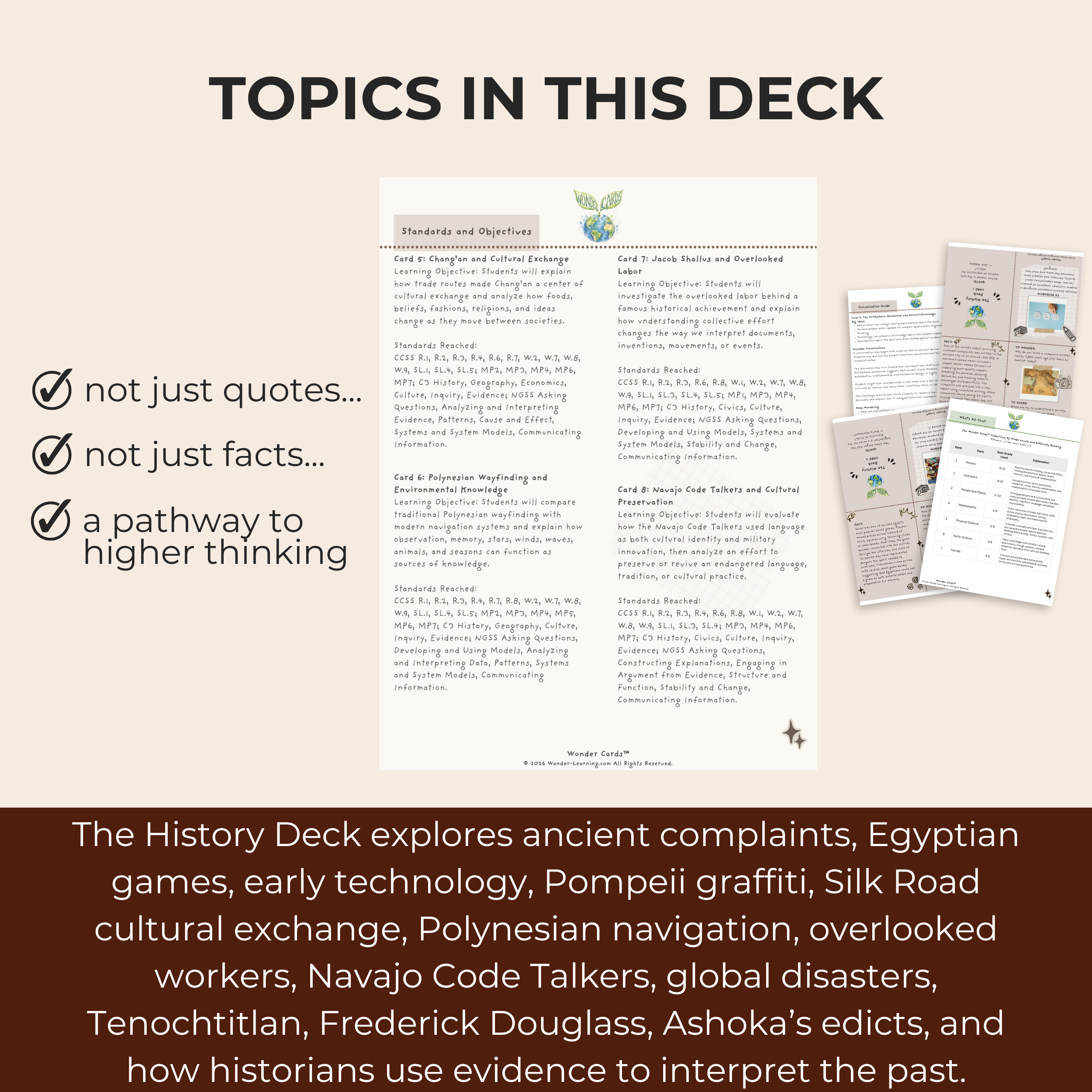 Printable History Wonder Cards featuring historical facts, discussion questions, source analysis, and research activities for grades 6–12.