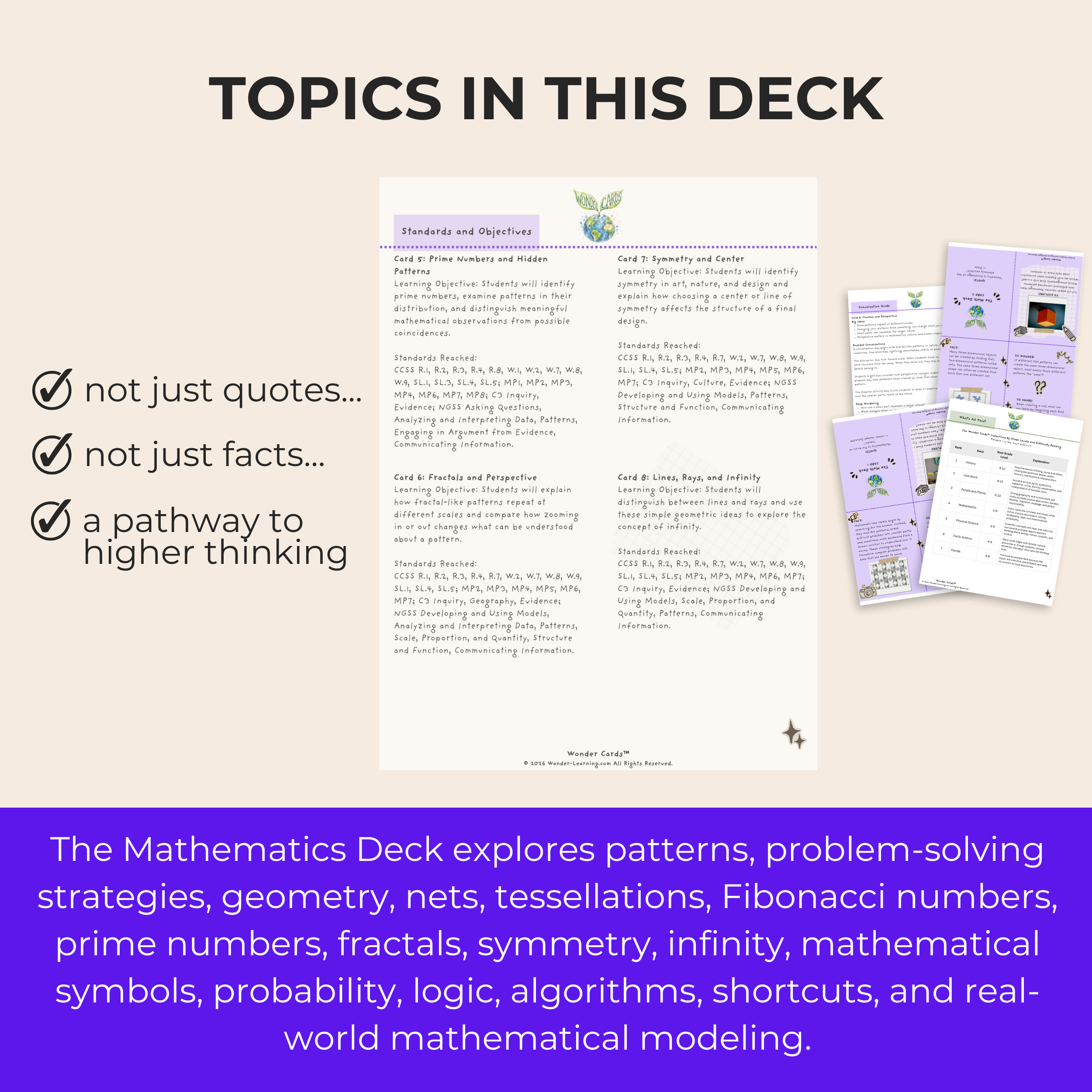 Printable Mathematics Wonder Cards featuring patterns, geometry, probability, logic, algorithms, problem-solving questions, and hands-on activities for grades 5–9.