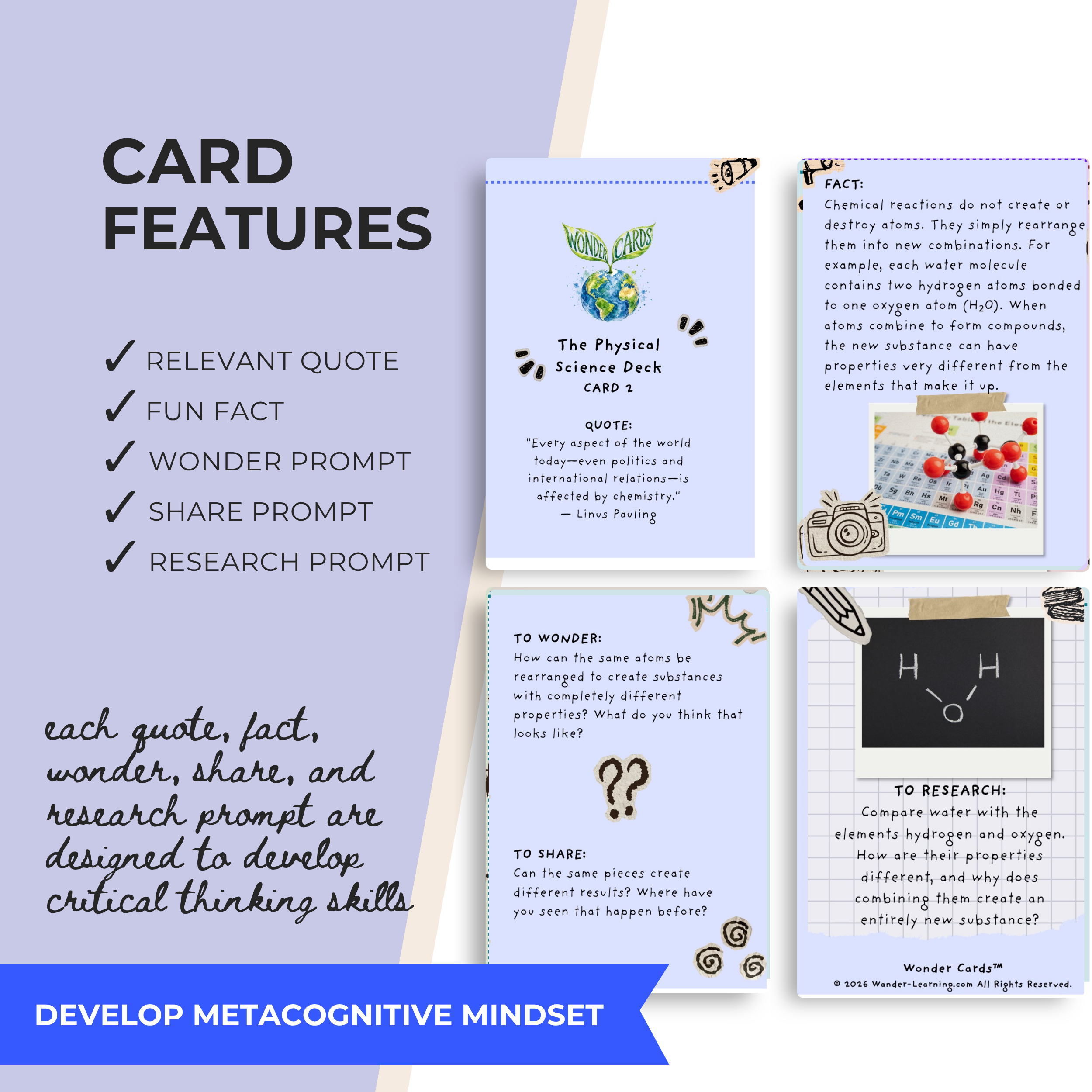 Printable Physical Science Wonder Cards featuring atoms, chemical reactions, matter, energy, motion, gravity, sound, light, simple machines, and Newton’s laws for grades 5–9.