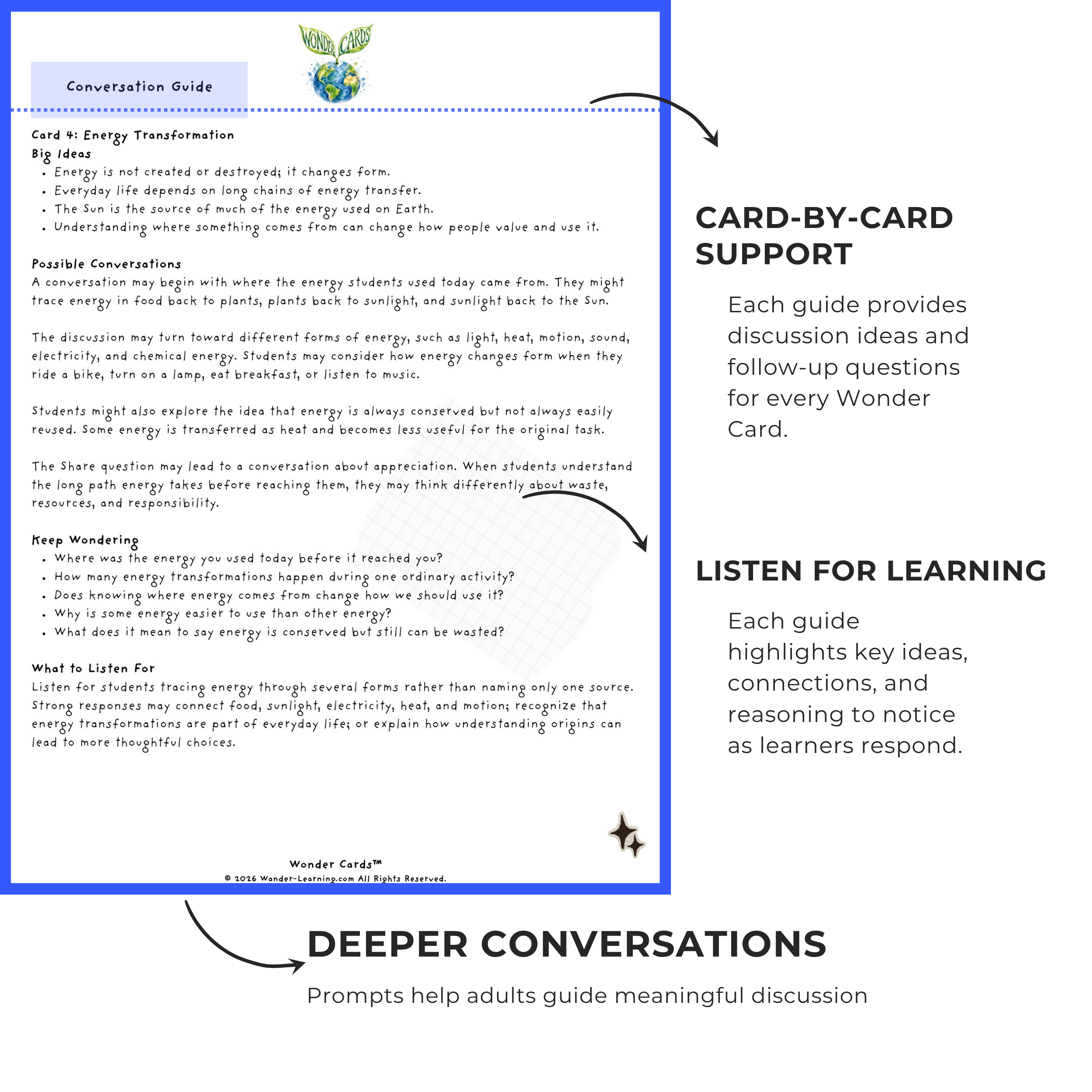 Printable Physical Science Wonder Cards featuring atoms, chemical reactions, matter, energy, motion, gravity, sound, light, simple machines, and Newton’s laws for grades 5–9.