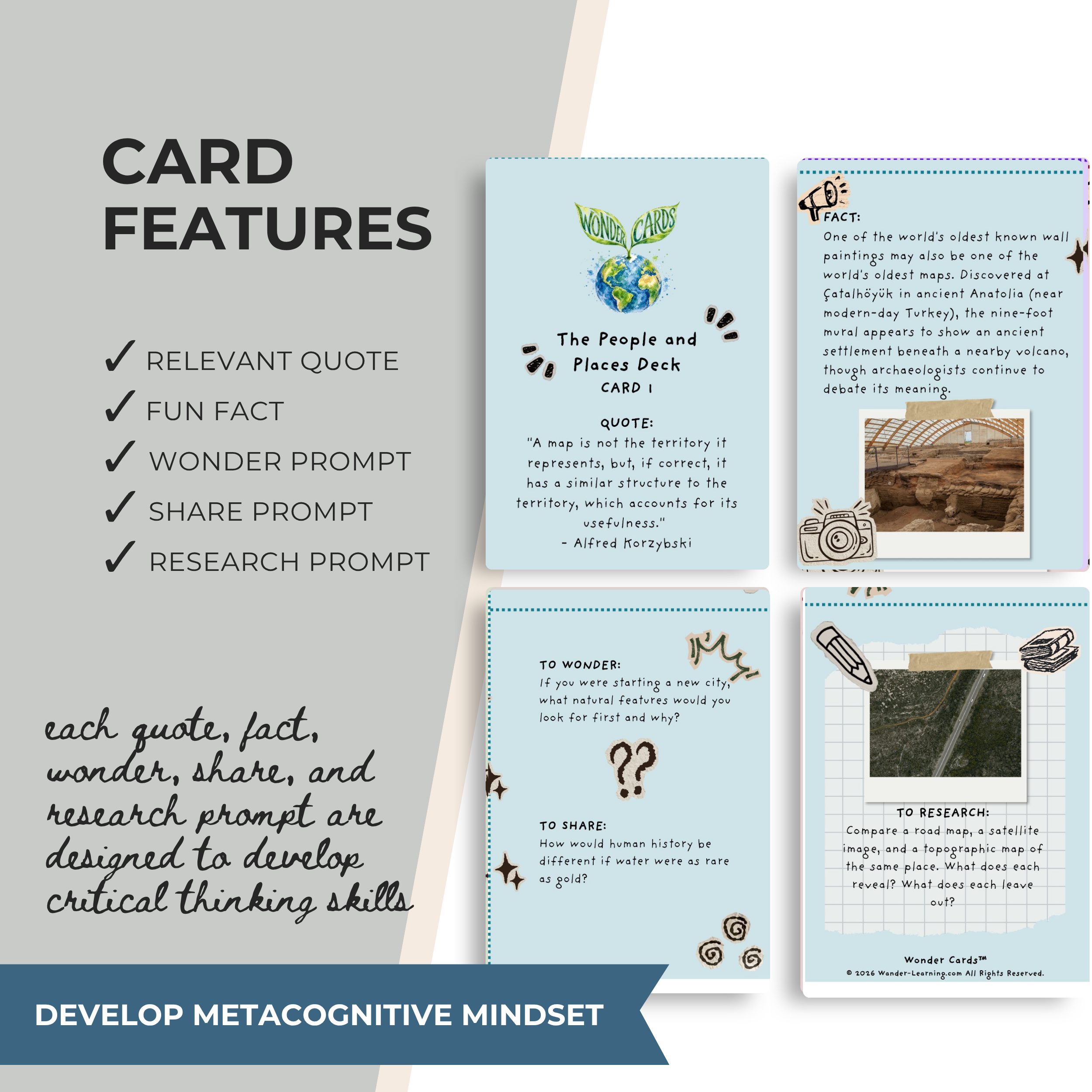 Printable People and Places Wonder Cards featuring maps, borders, migration, language, culture, navigation, identity, and geography-based critical thinking activities for grades 5–10.