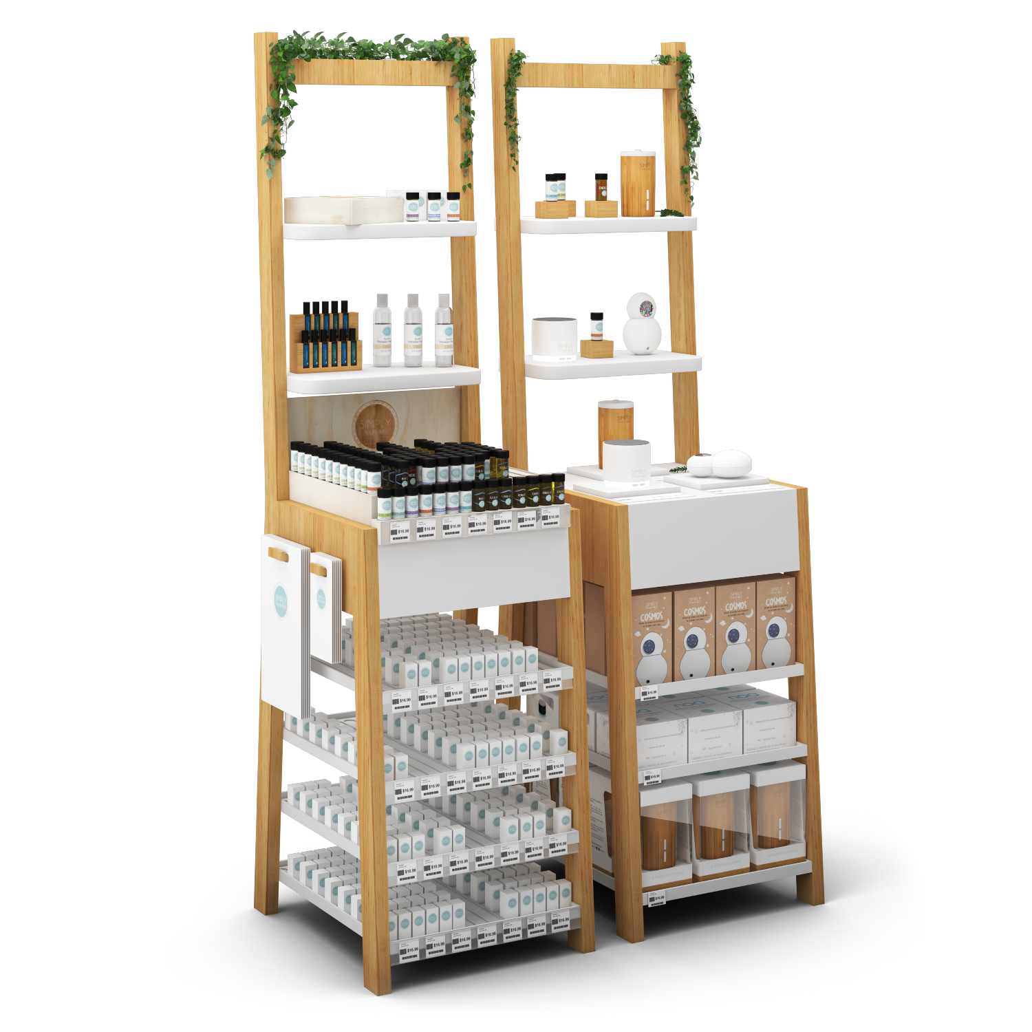 A retail display shelf with natural wood framing and white shelves, holding various health and wellness products such as essential oils, skincare, and wellness gadgets, arranged in a minimalist style