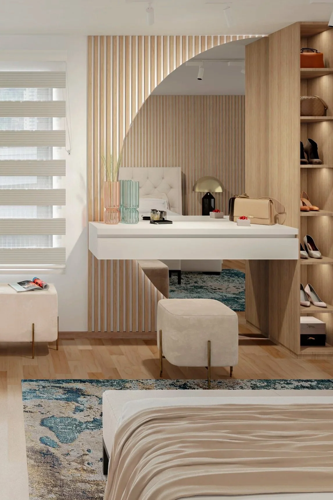 A modern bedroom with a vanity area, wooden slat wall, beige upholstered ottomans, and open shoe shelves with high heels.
