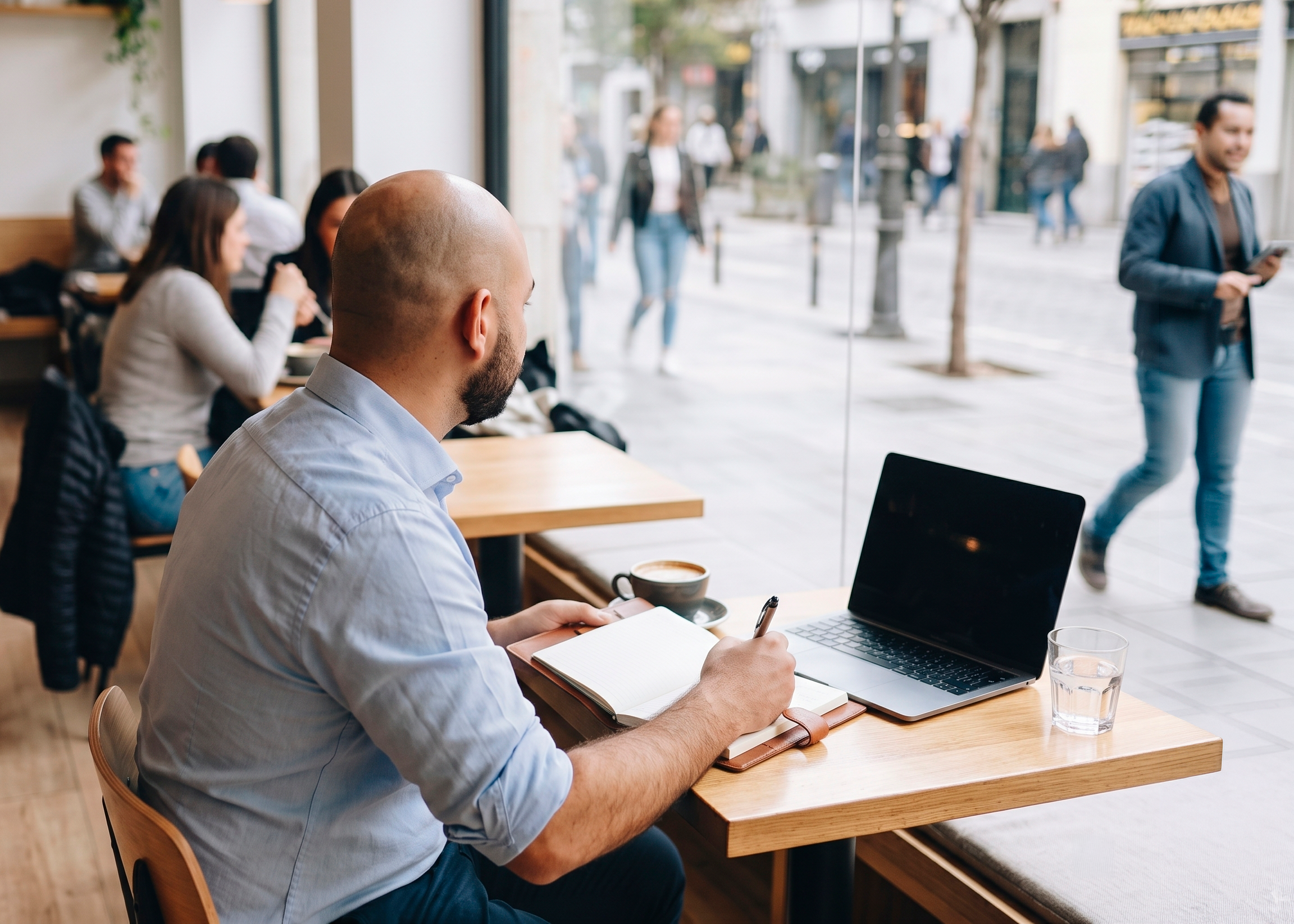 A man with a shaved head and beard sitting at a wooden table in a cafe, looking at his phone and taking notes with a notebook and pen. On the table are a laptop, a glass of water, and a cup of coffee. Outside the cafe, people are walking on the sidewalk in the city.