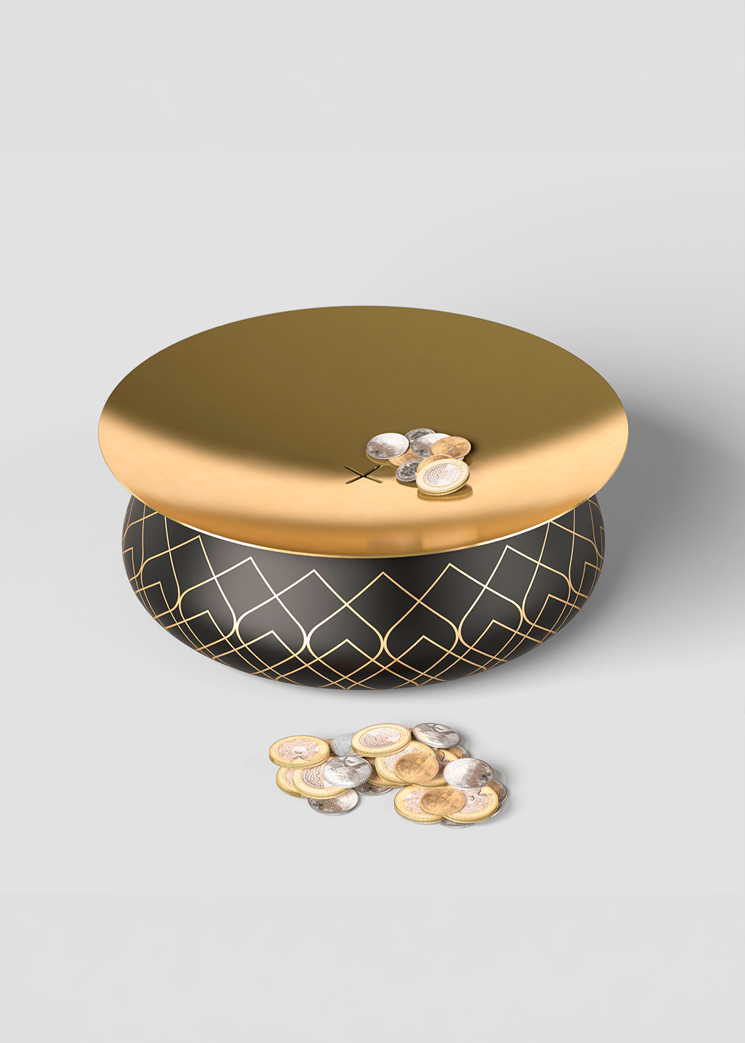 A decorative bowl with a black and gold geometric pattern on its exterior. The bowl has a gold-colored lid or cover on top and contains some scattered coins inside and outside of it.