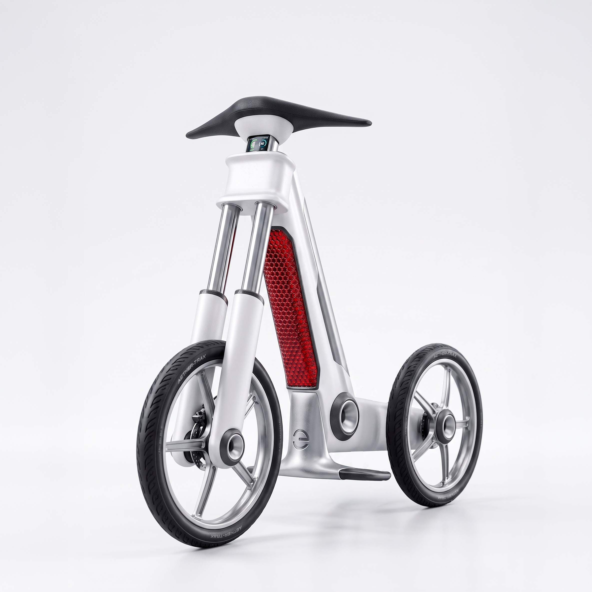 Close-up of a modern electric bicycle, showing the saddle, front suspension, and wheels, with a minimalist white background.