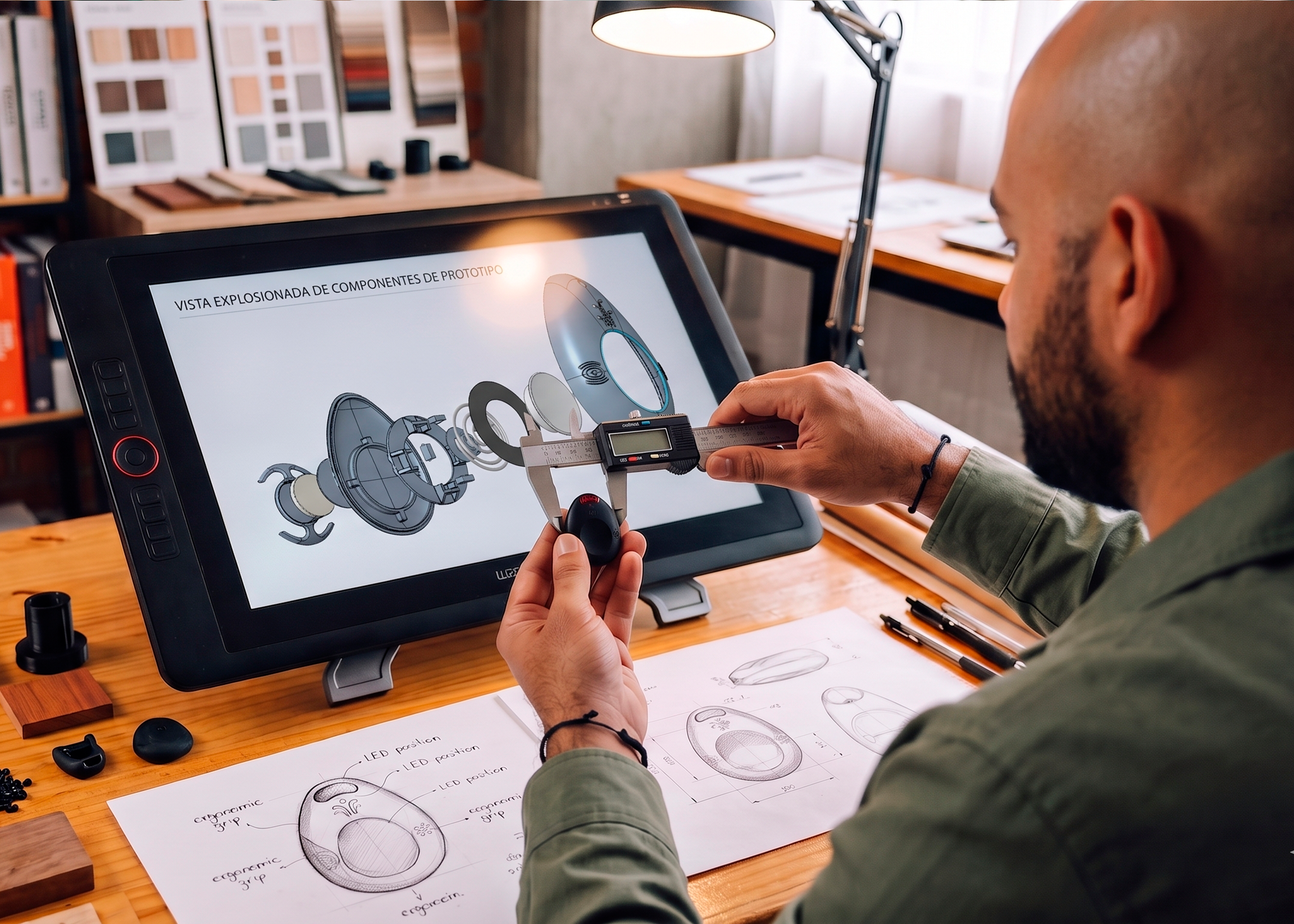 A man is measuring a 3D model of a prototype device on a computer screen with a digital caliper. The workspace includes technical sketches, design documents, and material samples, with paint swatches and color samples displayed in the background.