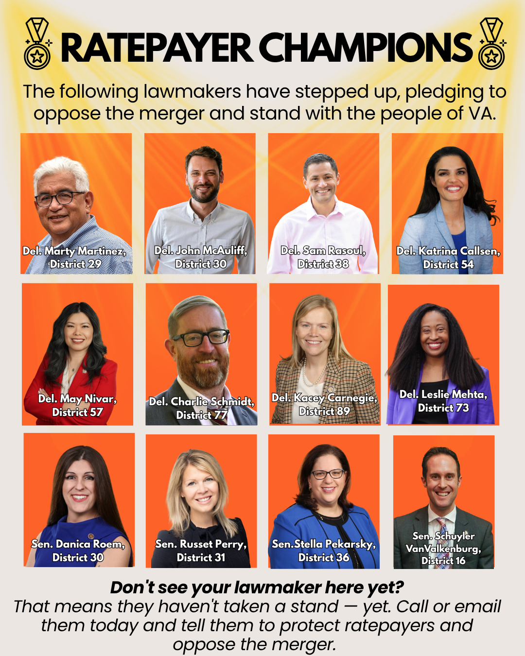 graphic titled ratepayer champions that has the headshots of 12 lawmakers on it