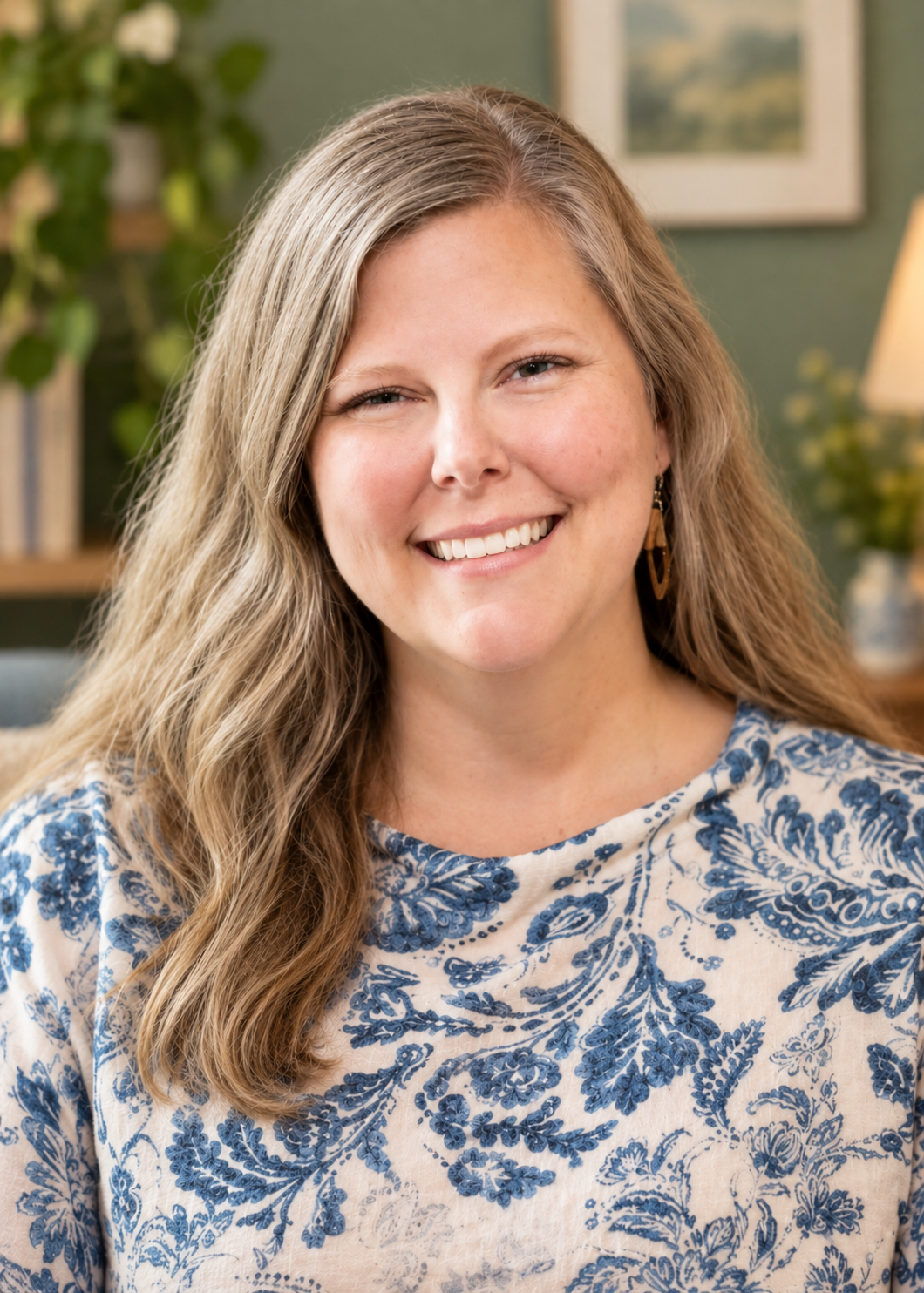 A smiling woman with long wavy blonde hair, wearing a blue and beige floral patterned top, in a cozy, well-lit room with green walls and decorative plants.