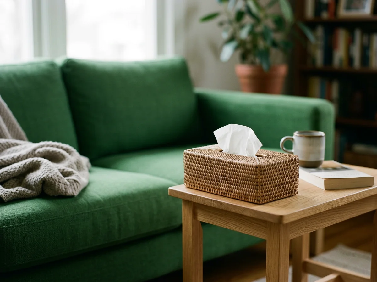 Living room with a green sofa, a beige knitted blanket, a wooden side table with tissue box, coffee mug, and a book, a large potted plant, and a bookshelf in the background.