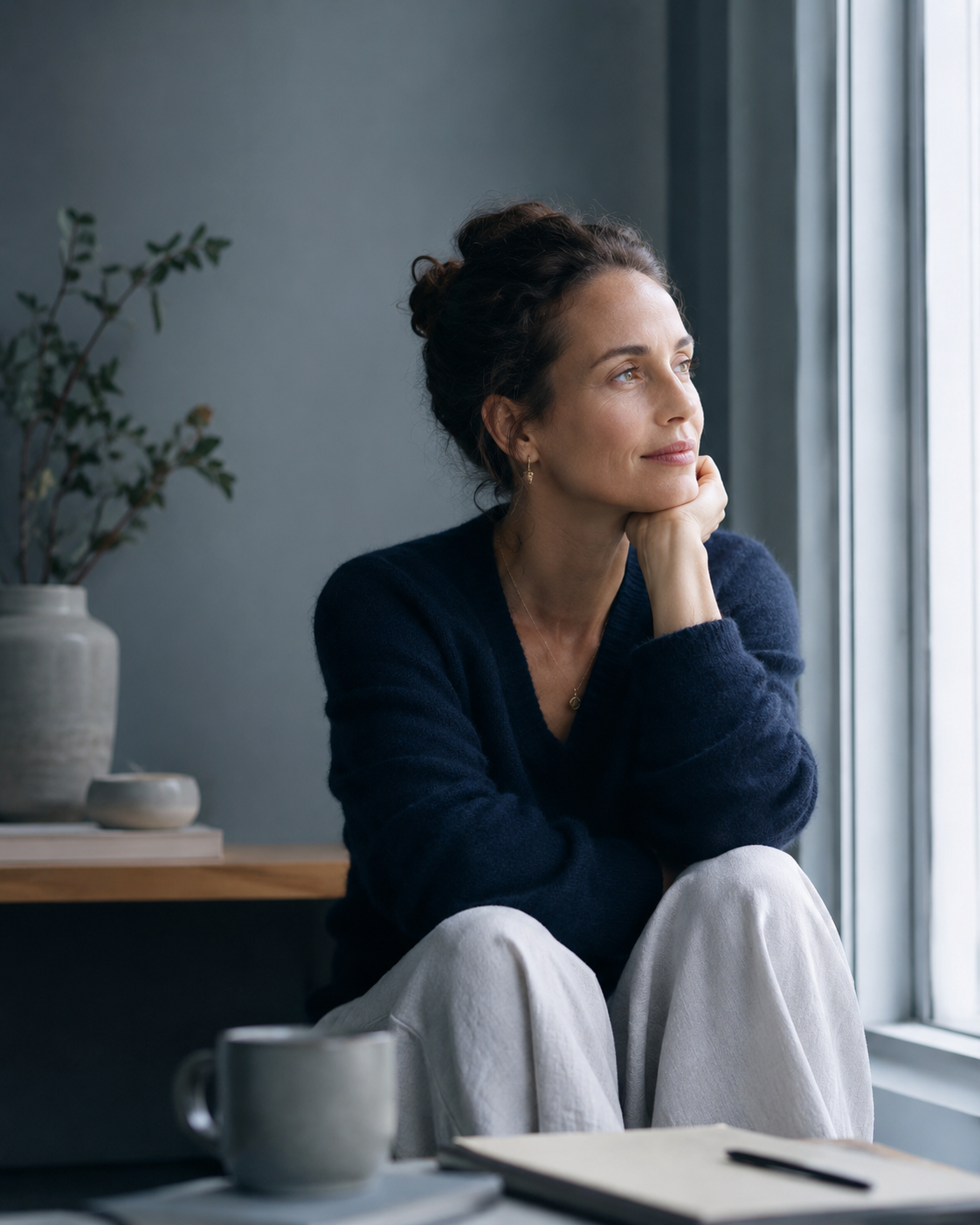 Person reflecting on life direction by a window