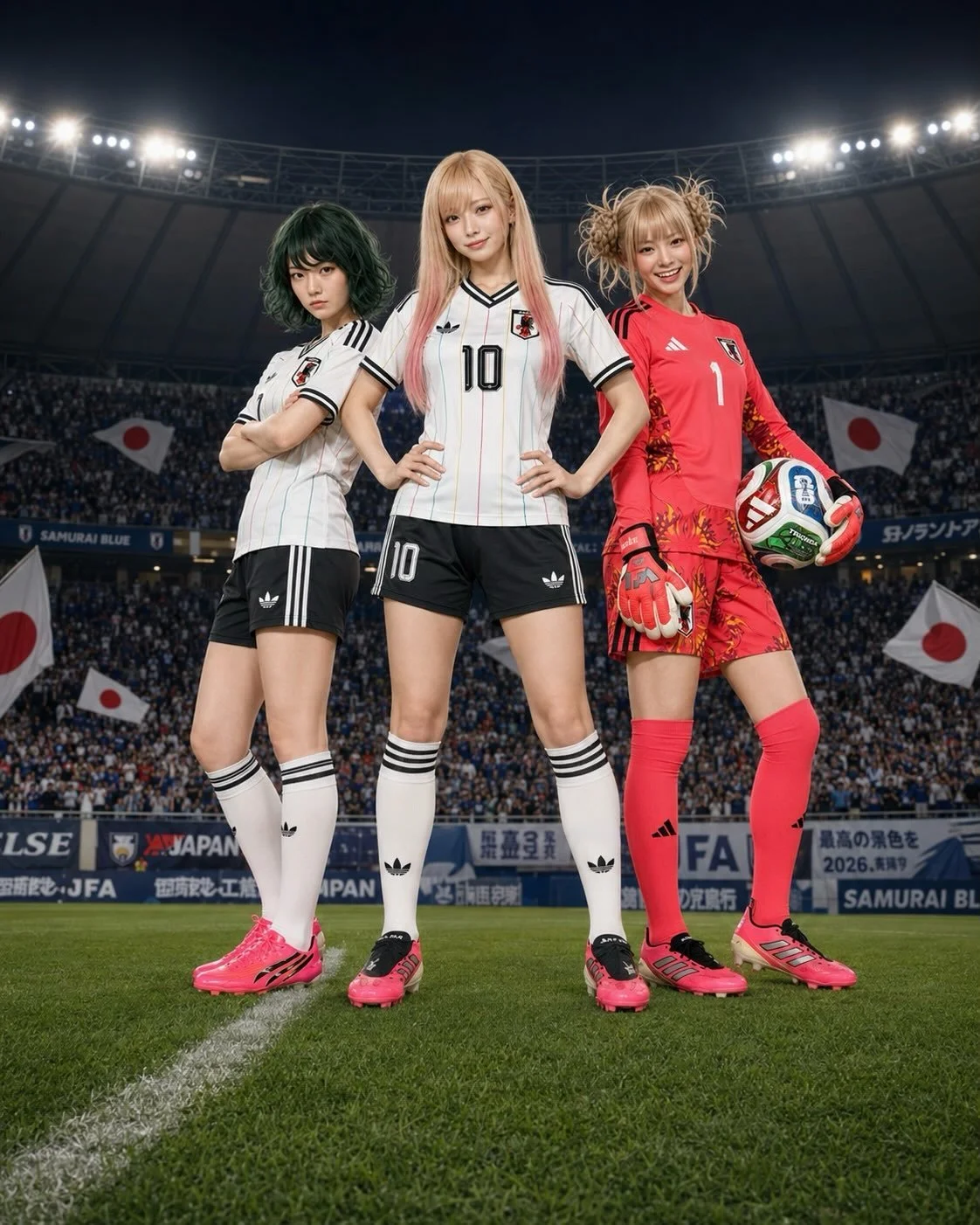 What if Team Japan called up the girls?

Marin as the No. 10 playmaker. 
Tatsumaki as the unstoppable No. 7 ace. 
Toga in goal because honestly&hellip; who&rsquo;s brave enough to shoot at her?

and yes, I&rsquo;m obviously the manager. 

full hd ver