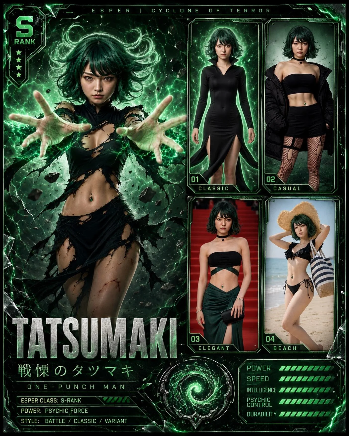 premium trading card: Tatsumaki 💚💥⚡

my live-action character card version of Tatsumaki &mdash; psychic force, S-class energy, tiny storm of violence.

fan-made / non-commercial.
full hd versions on tumblr &mdash; link in bio 🔗

#tatsumaki #onepun