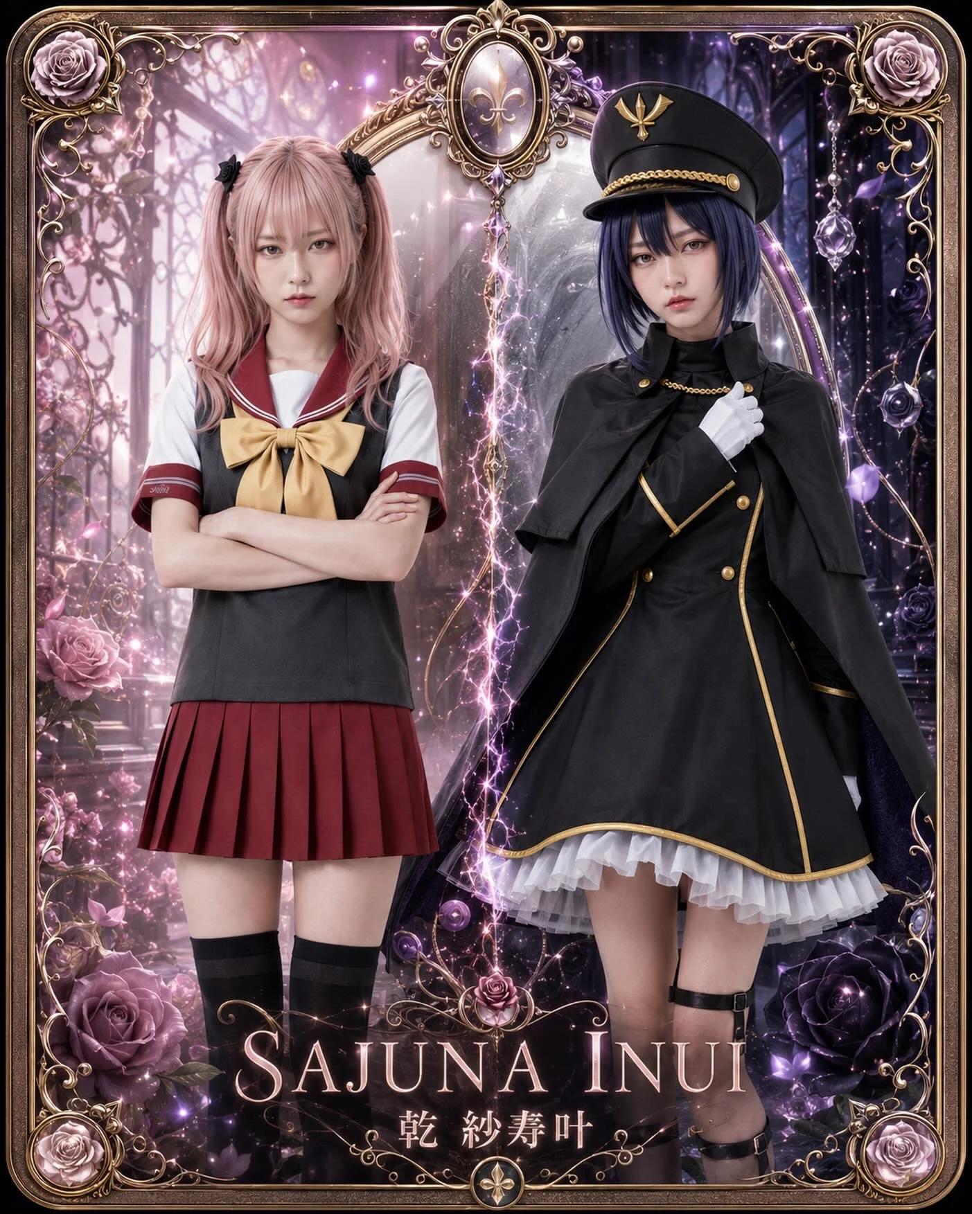 premium trading card: Sajuna Inui 🌹🎀🖤

a mirrored character card of Sajuna &mdash; her everyday self on one side, Black Lily on the other.

fan-made / non-commercial.
full hd versions on tumblr &mdash; link in bio 🔗

#sajunainui #mydressupdarling