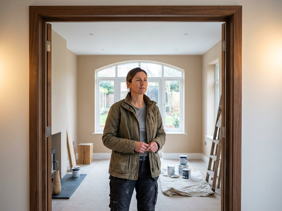 A woman stands inside a room under renovation, surrounded by paint cans and construction tools, with a ladder and a window in the background.