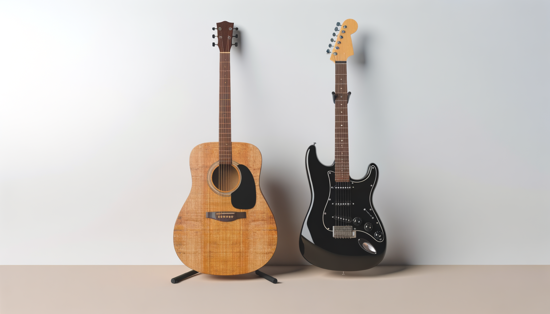 An acoustic guitar on the left and an electric guitar on the right, both standing on black guitar stands against a plain gray wall.