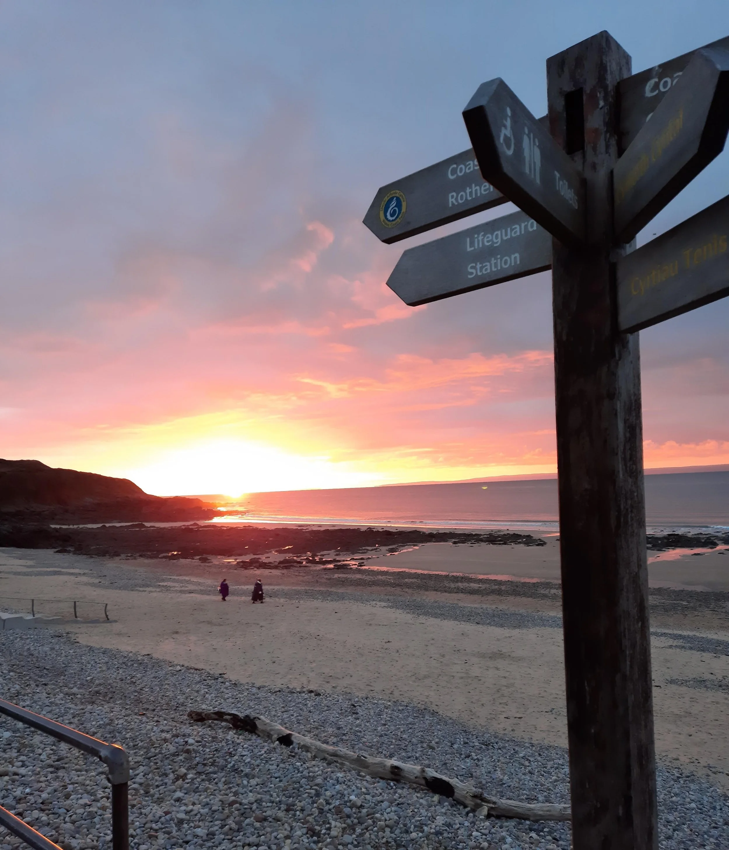 A beach at sunset with a colorful sky, a few people walking on the sand, and a wooden signpost with multiple directional signs, near rocky land on the horizon.