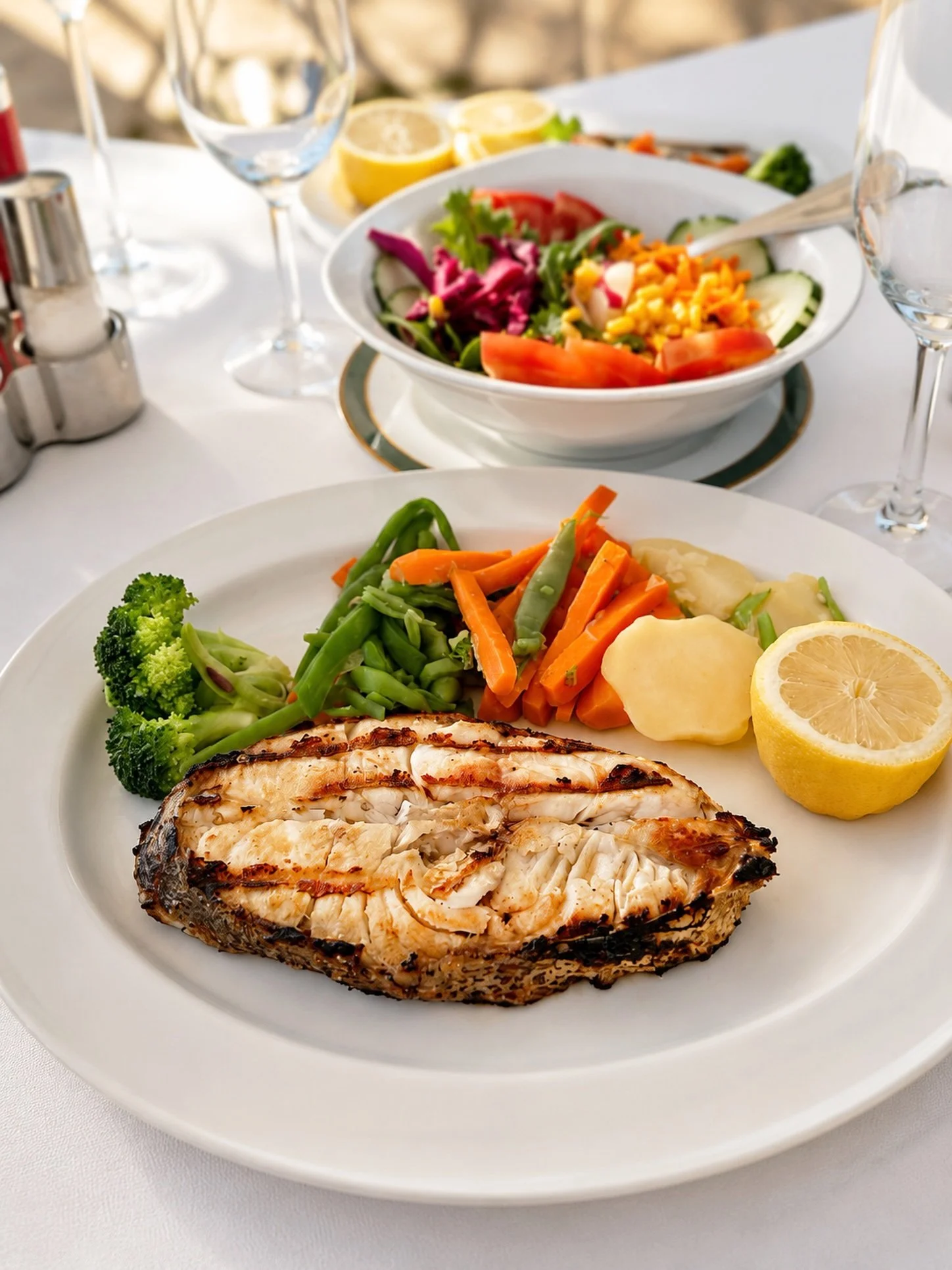 🇵🇹 H&aacute; dias em que tudo se conjuga na perfei&ccedil;&atilde;o. Uma posta de garoupa cuidadosamente preparada, acompanhada por legumes frescos, servida na nossa esplanada, onde o sol e o leve aroma a maresia convidam a prolongar o almo&ccedil;
