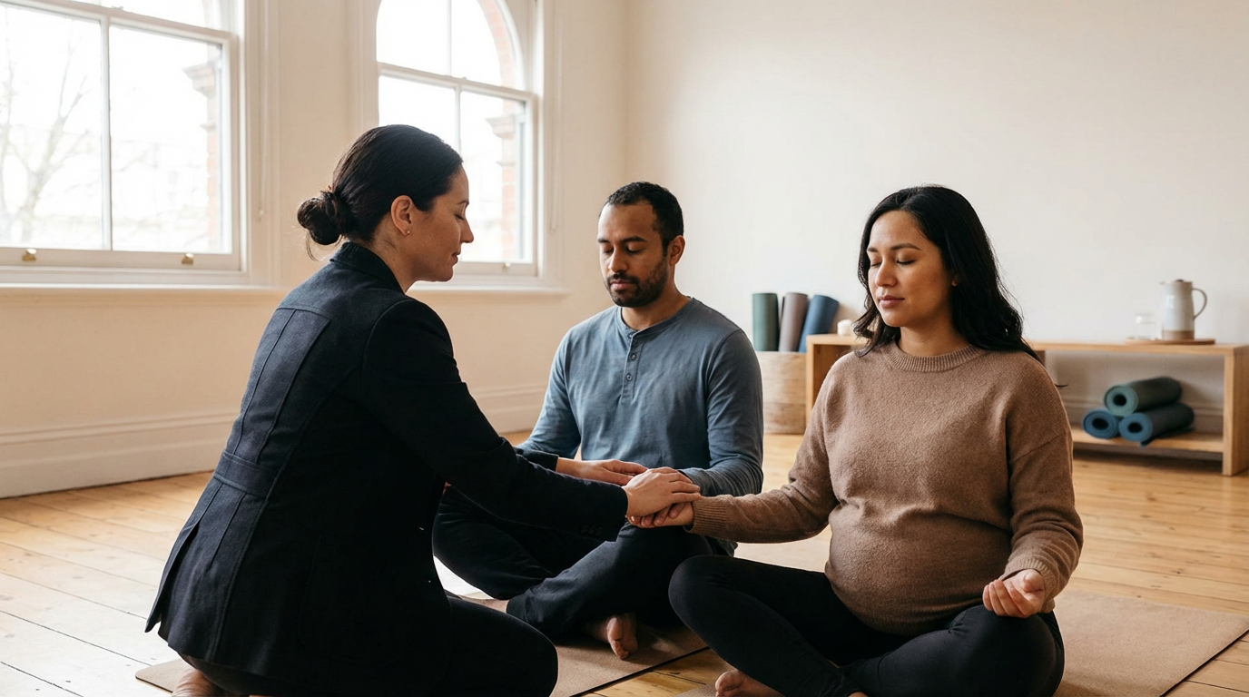 A woman in black kneeling and holding hands with a pregnant woman in a gray sweater, with a man in a blue shirt sitting in between them in a yoga or meditation studio.