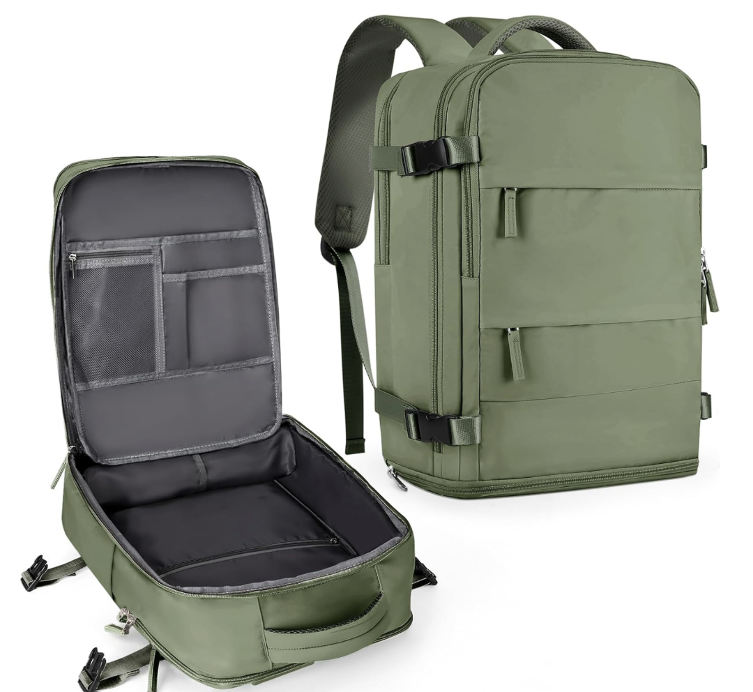 A green backpack and a matching green laptop bag, with the backpack having multiple compartments and zippers, and the laptop bag open showing organizational pockets and a main compartment.