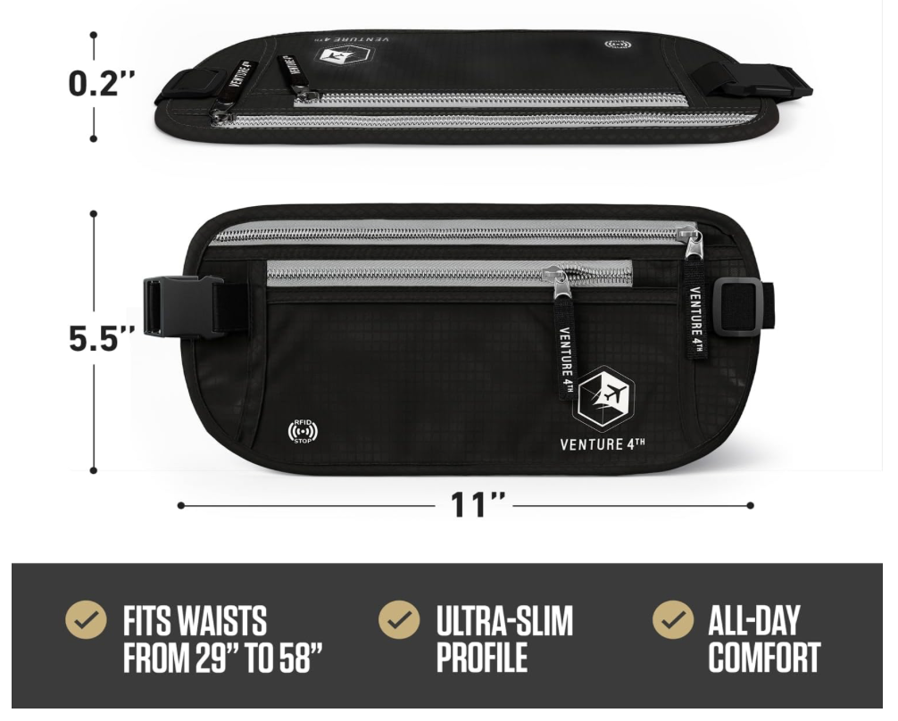 A black waist pack with multiple zippered compartments and adjustable straps, measuring 11 inches wide, 5.5 inches high, and 0.2 inches thick.