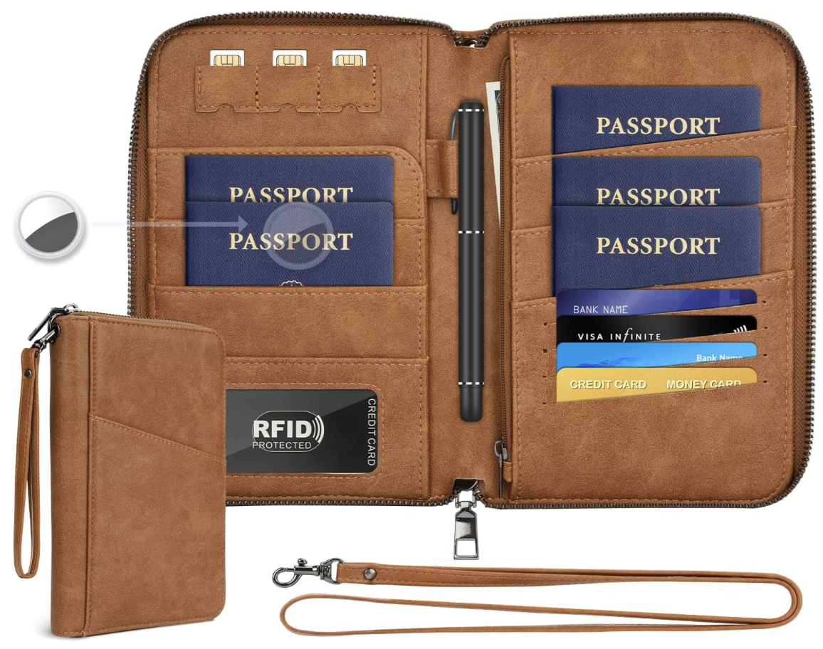 Travel organizer with multiple passport slots, credit cards, RFID protected card, pen, and a detachable wrist strap.