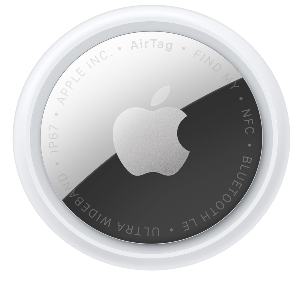 Apple AirTag with a black and white circular design, featuring the Apple logo in the center.
